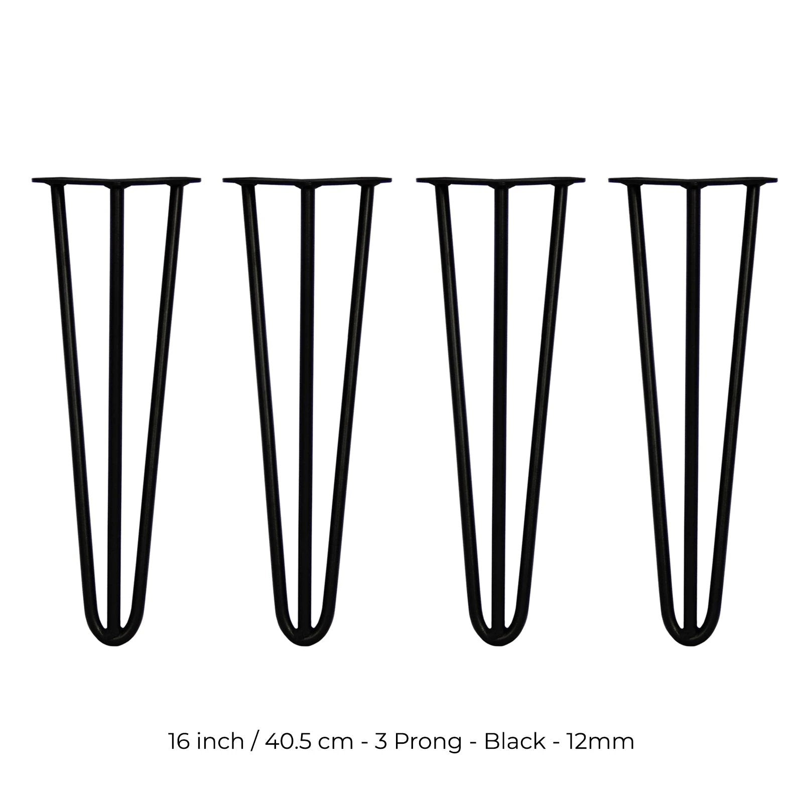 4 x 16" Hairpin Legs - 3 Prong - 12mm - Black by Monster Shop