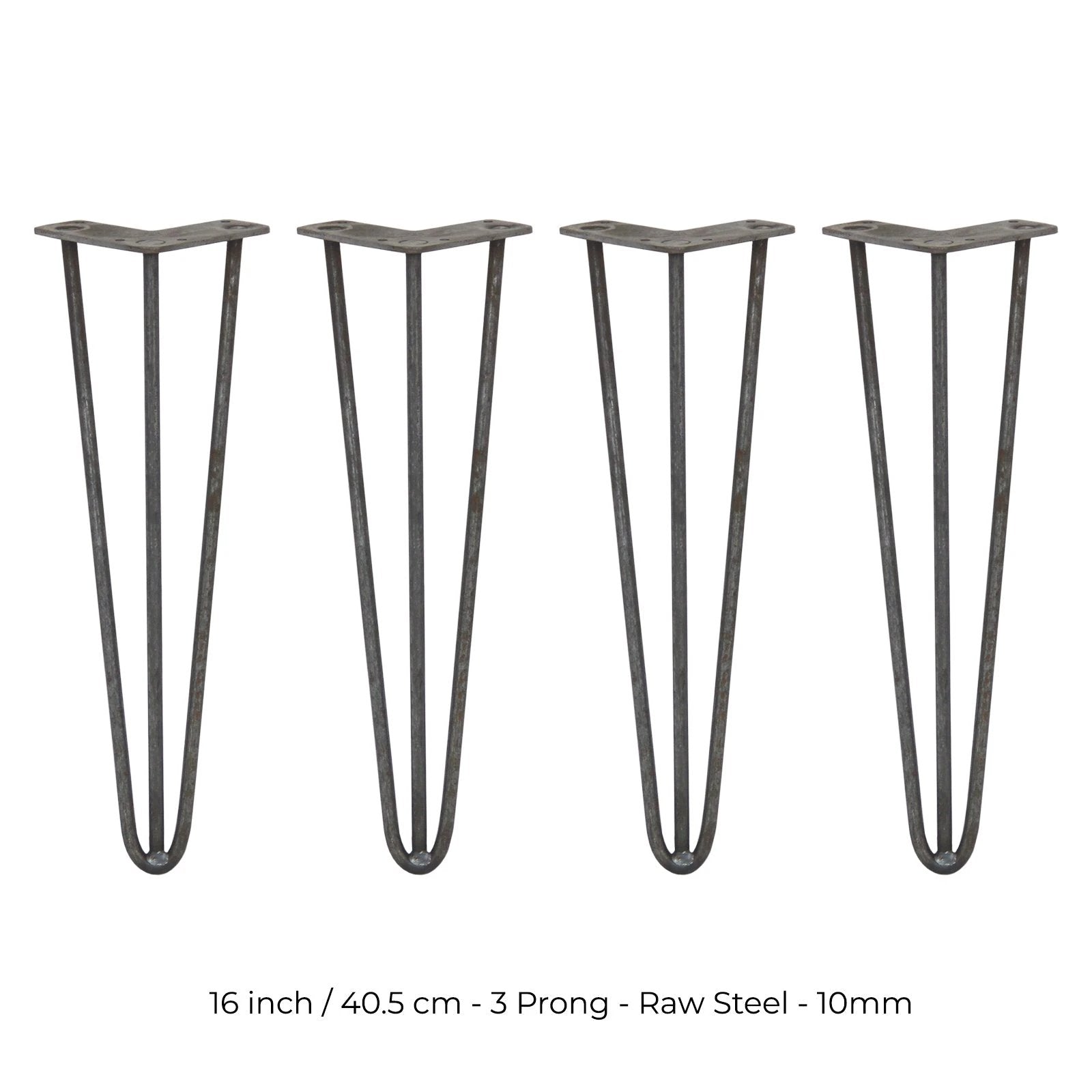 Monster Shop 4 x 16" Hairpin Legs - 3 Prong - 10mm - Raw Steel -