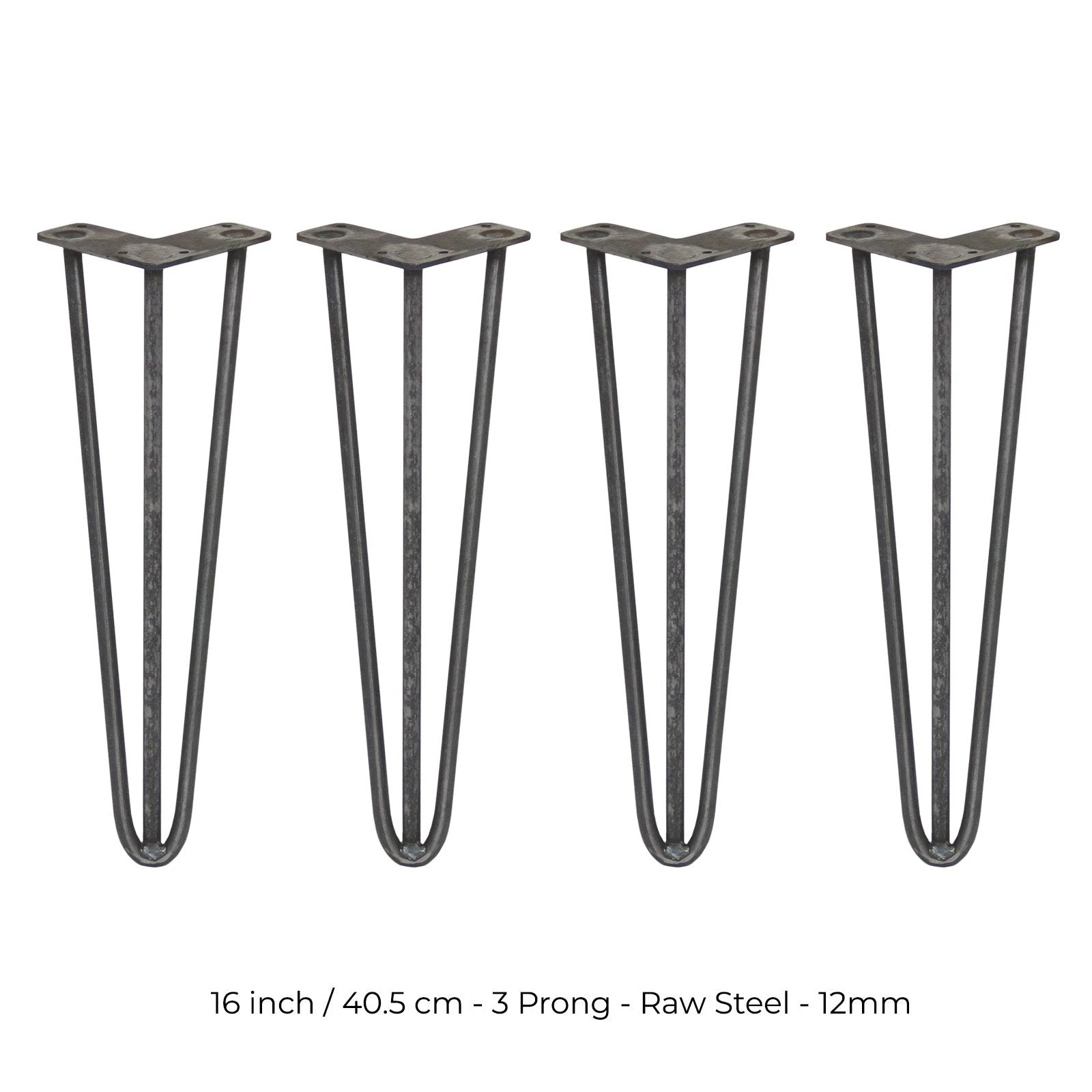 Monster Shop 4 x 16" Hairpin Legs - 3 Prong - 12mm - Raw Steel -