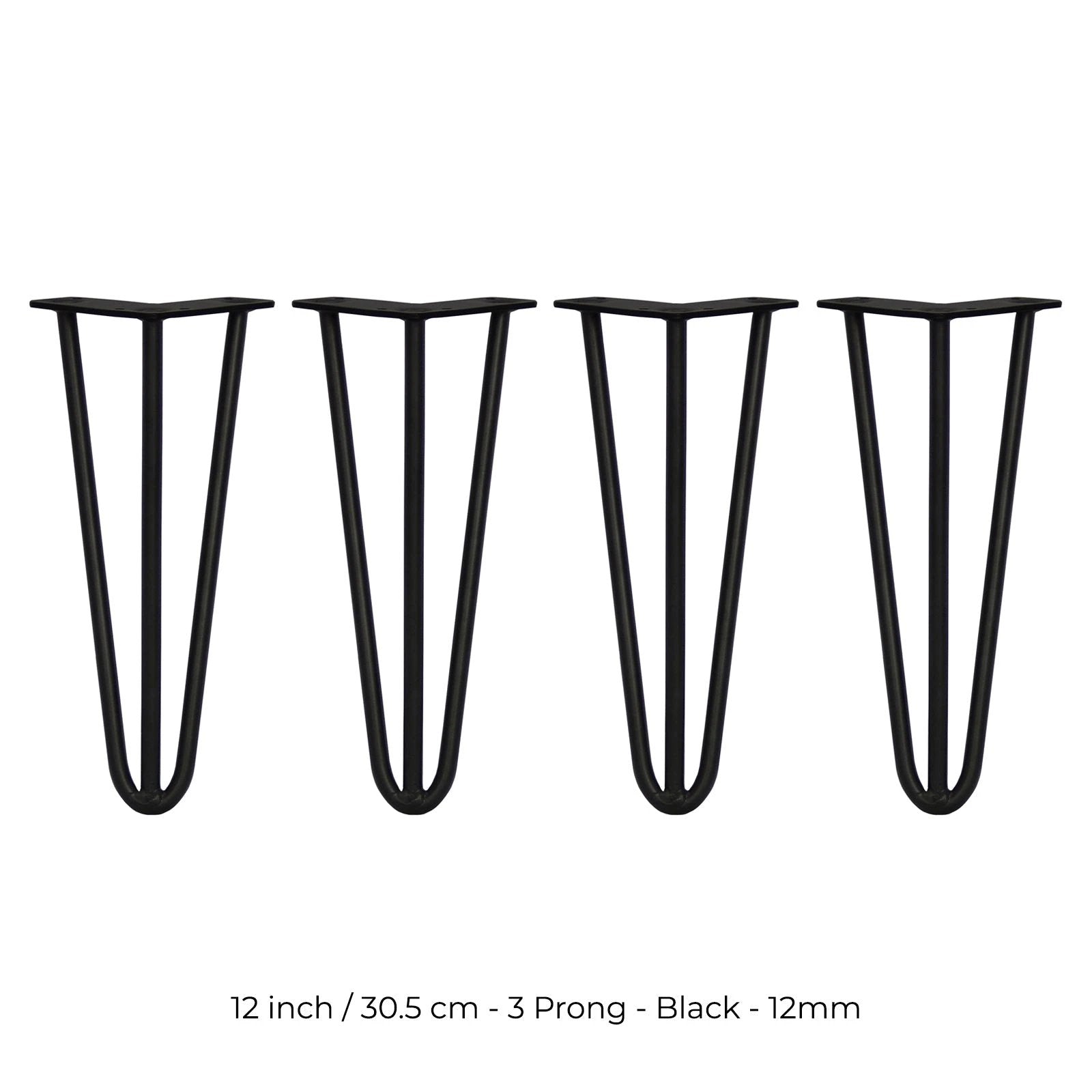 4 x 12" Hairpin Legs - 3 Prong - 12mm - Black by Monster Shop