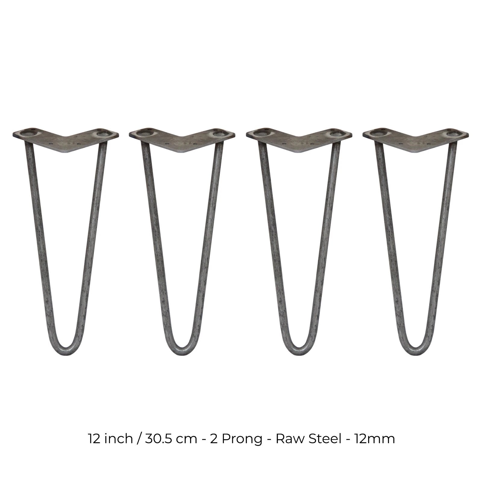 4 x 12" Hairpin Legs - 2 Prong - 12mm - Raw Steel by Monster Shop
