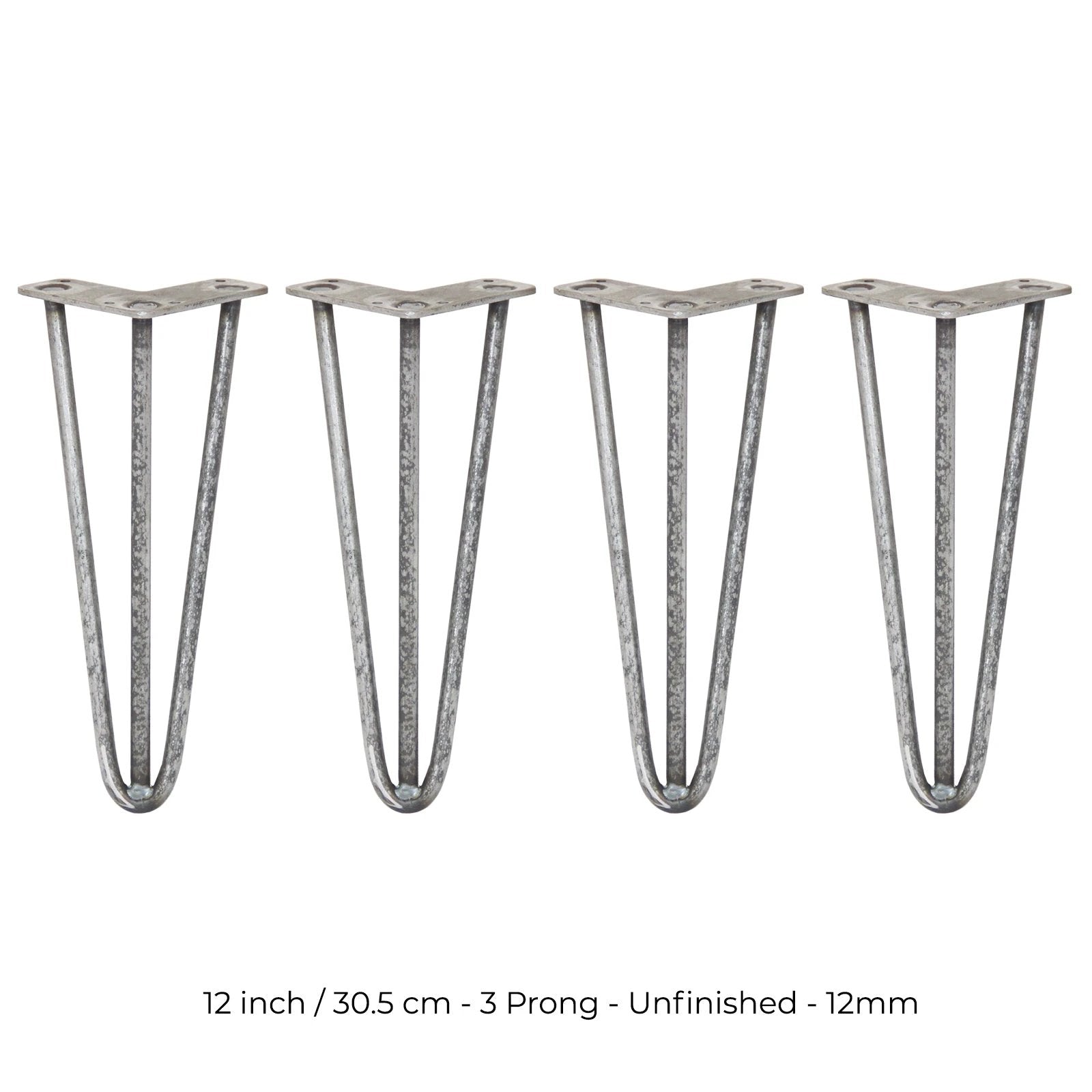 Monster Shop 4 x 12" Hairpin Legs - 3 Prong - 12mm - Raw Steel -