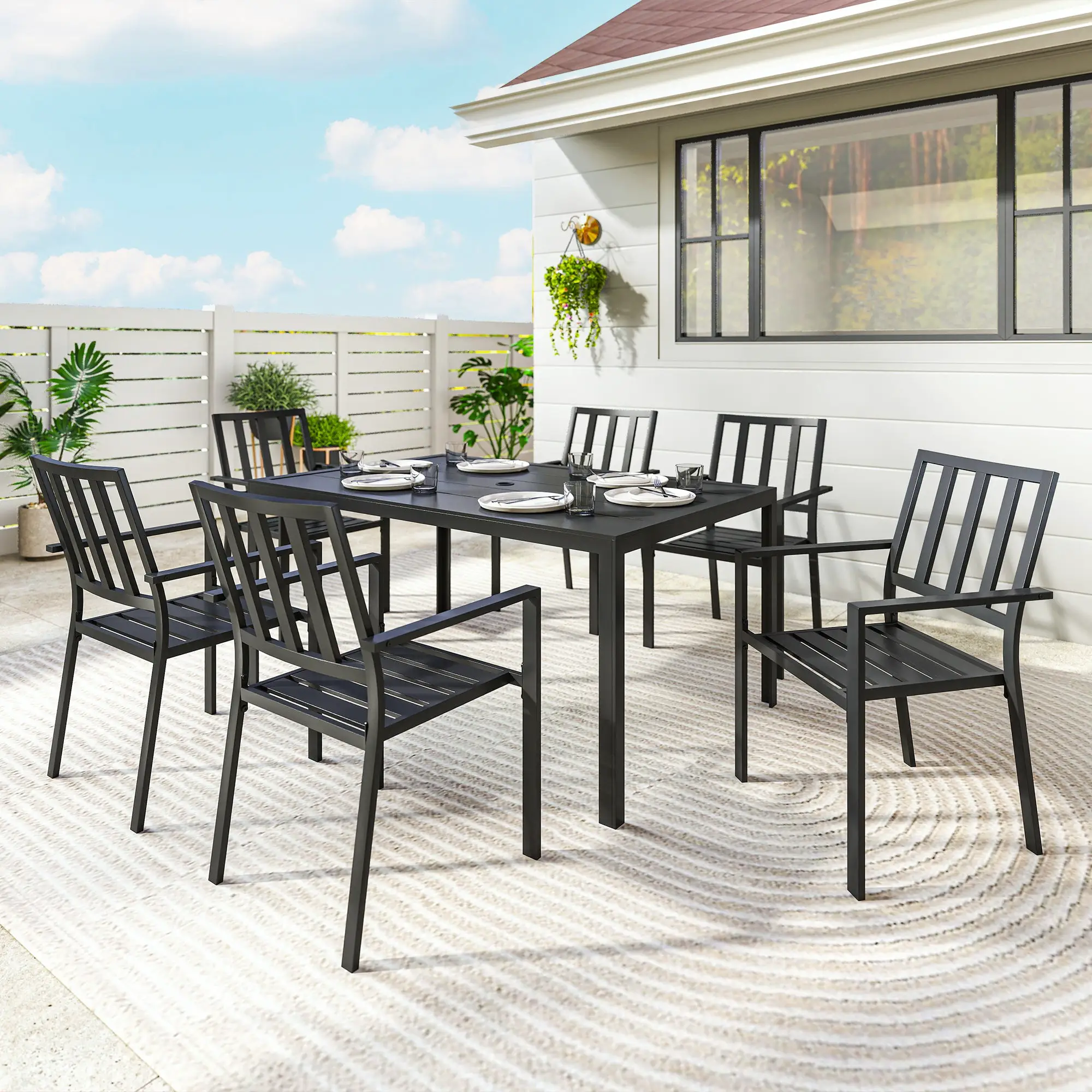 Outsunny Outsunny 7 PCs Garden Dining Set w/ Stackable Chairs and Metal Top Table, Black - Garden Set
