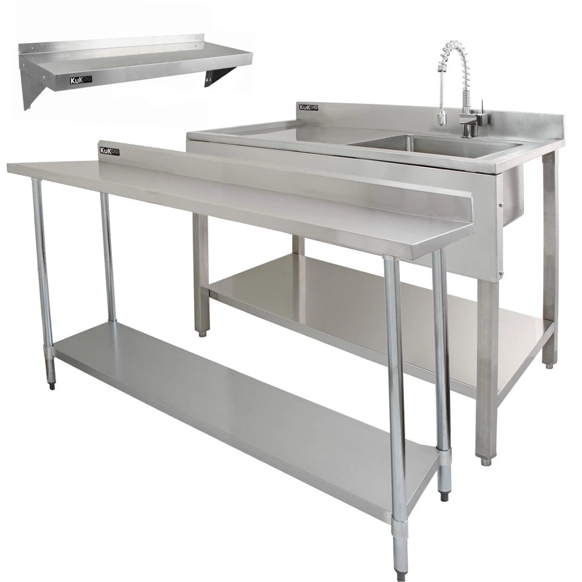 Monster Shop 6ft Stainless Steel Catering Bench, Stainless Steel Sink - Left Hand Drainer & 2 x Wall Mounted Shelves -