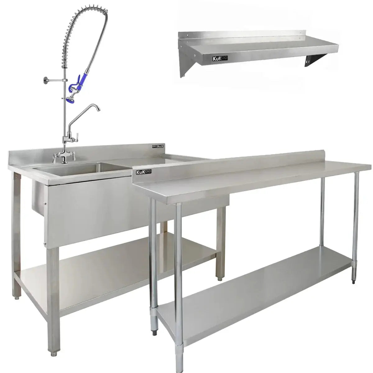 Monster Shop KuKoo Commercial Sink With Pre-Rinse Tap, 6ft Stainless Steel Catering Bench, 2 x Wall Mounted Shelves -