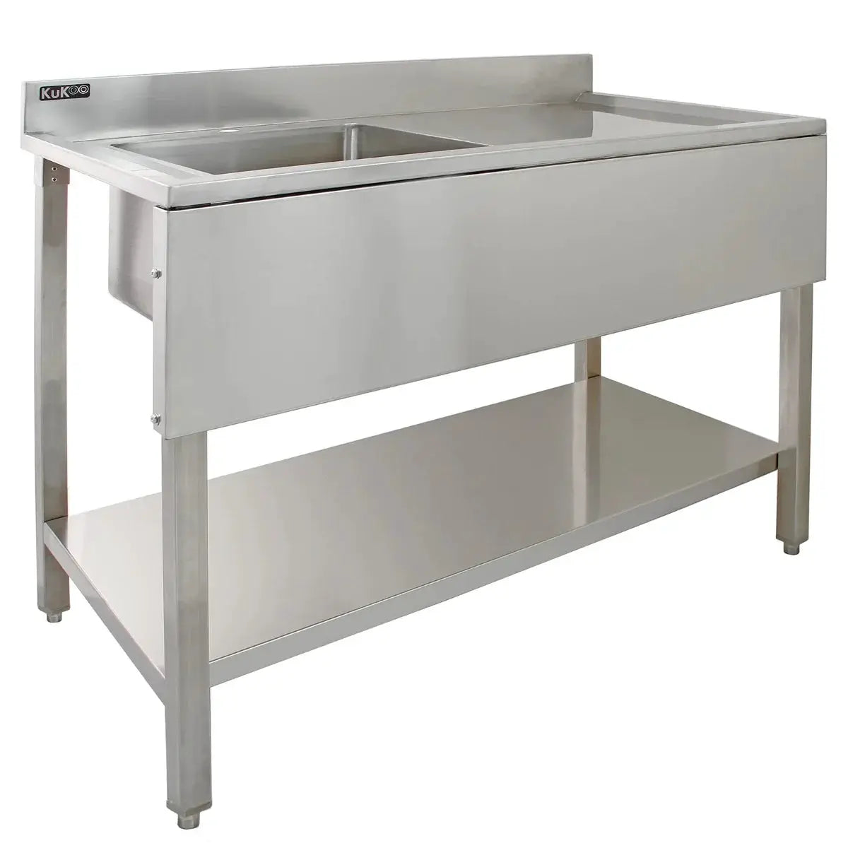 Monster Shop KuKoo Commercial Sink With Pre-Rinse Tap, 6ft Stainless Steel Catering Bench, 2 x Wall Mounted Shelves -