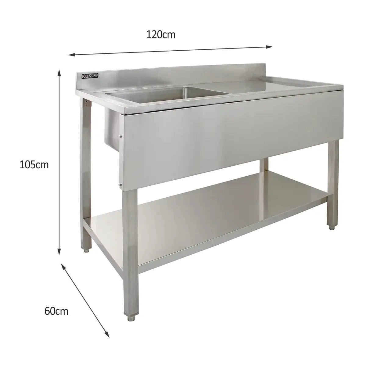 Monster Shop KuKoo Commercial Sink With Pre-Rinse Tap, 6ft Stainless Steel Catering Bench, 2 x Wall Mounted Shelves -