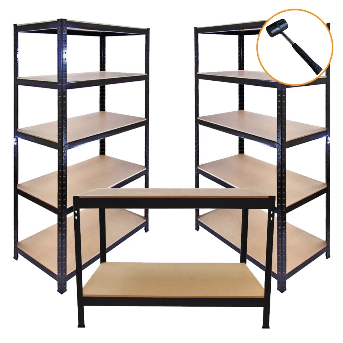 Monster Shop 3 x 90cm T-Rax Black Metal Racking Units & Workbench -