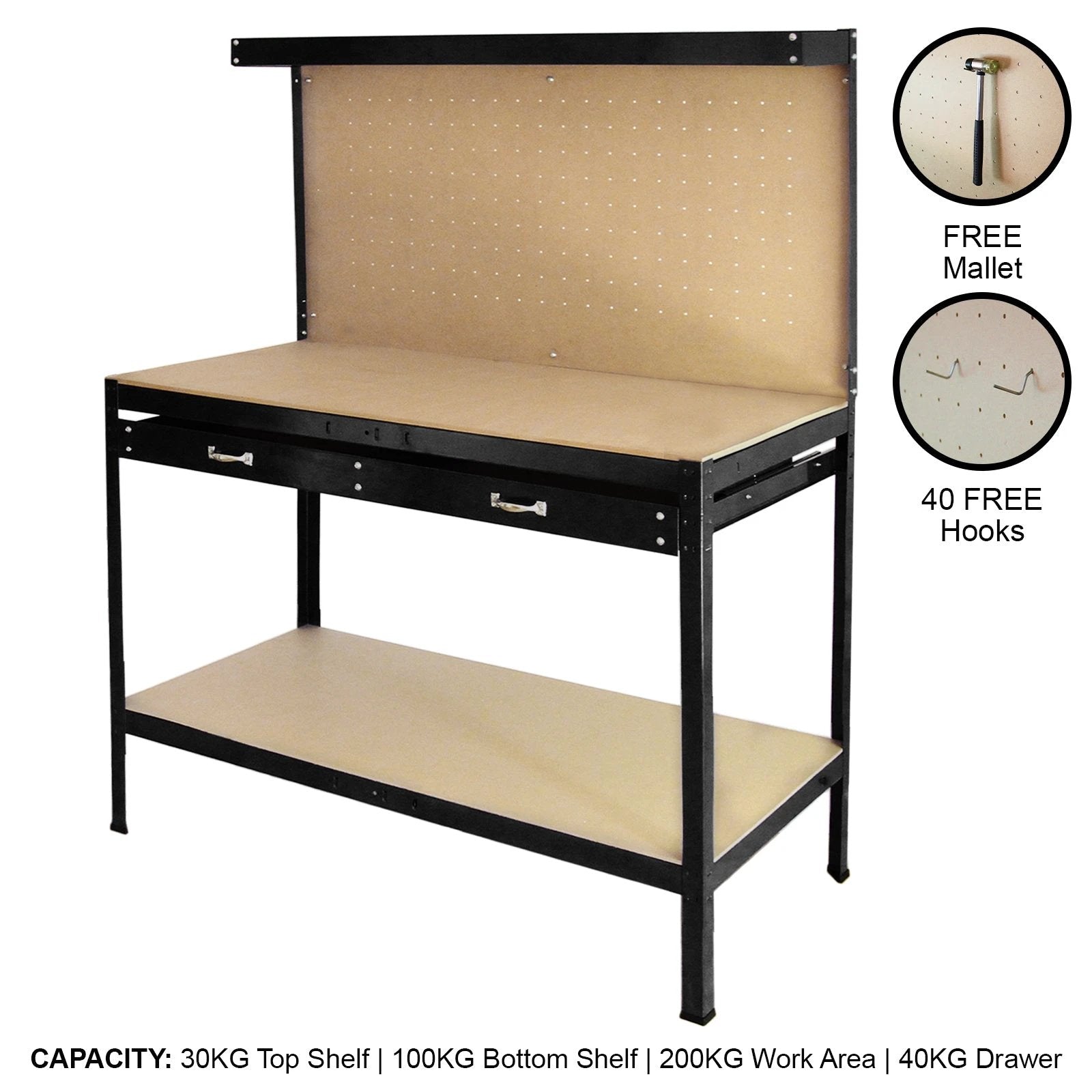 Workbench With Pegboard And Drawer In Black by Monster Shop