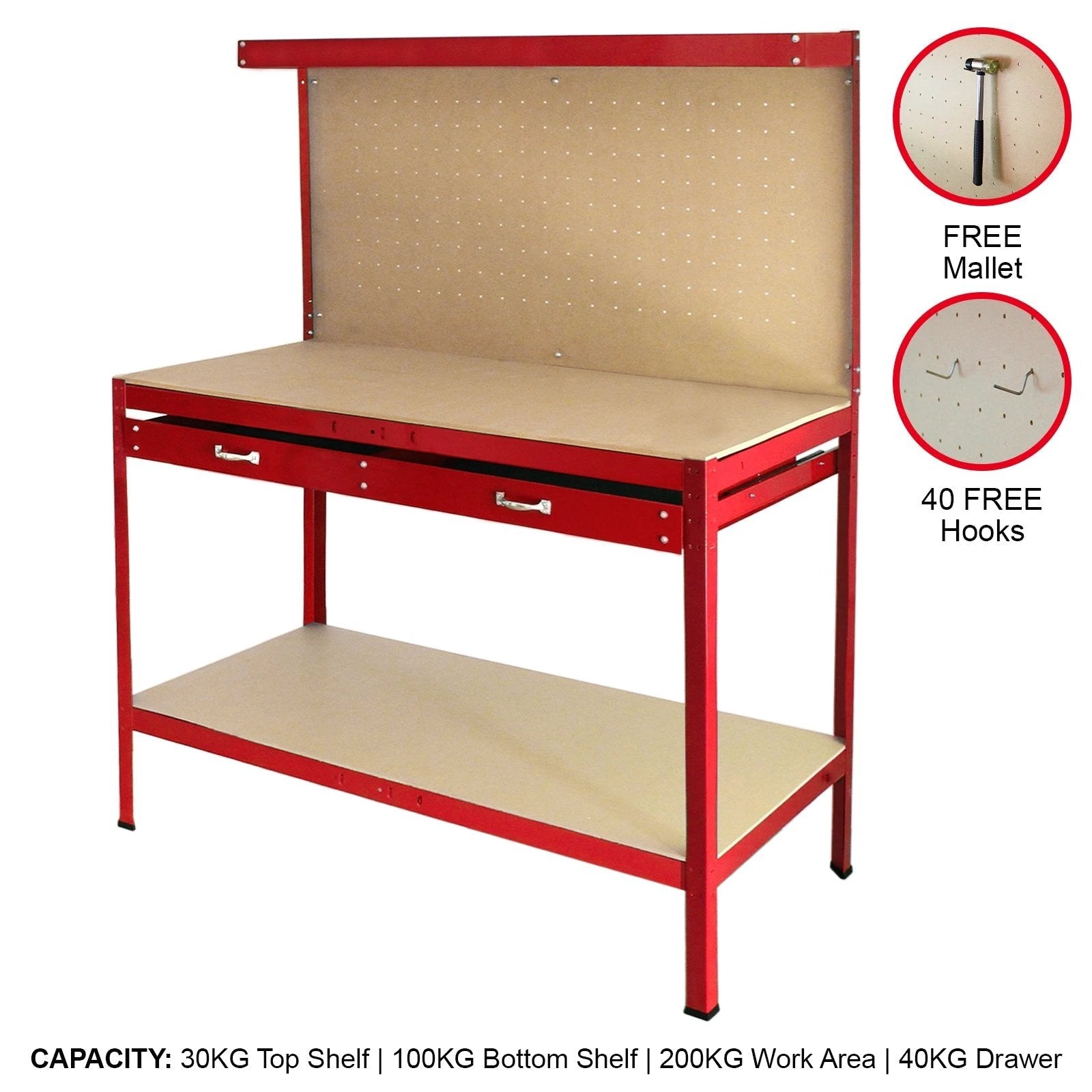 Workbench With Pegboard And Drawer In Red by Monster Shop