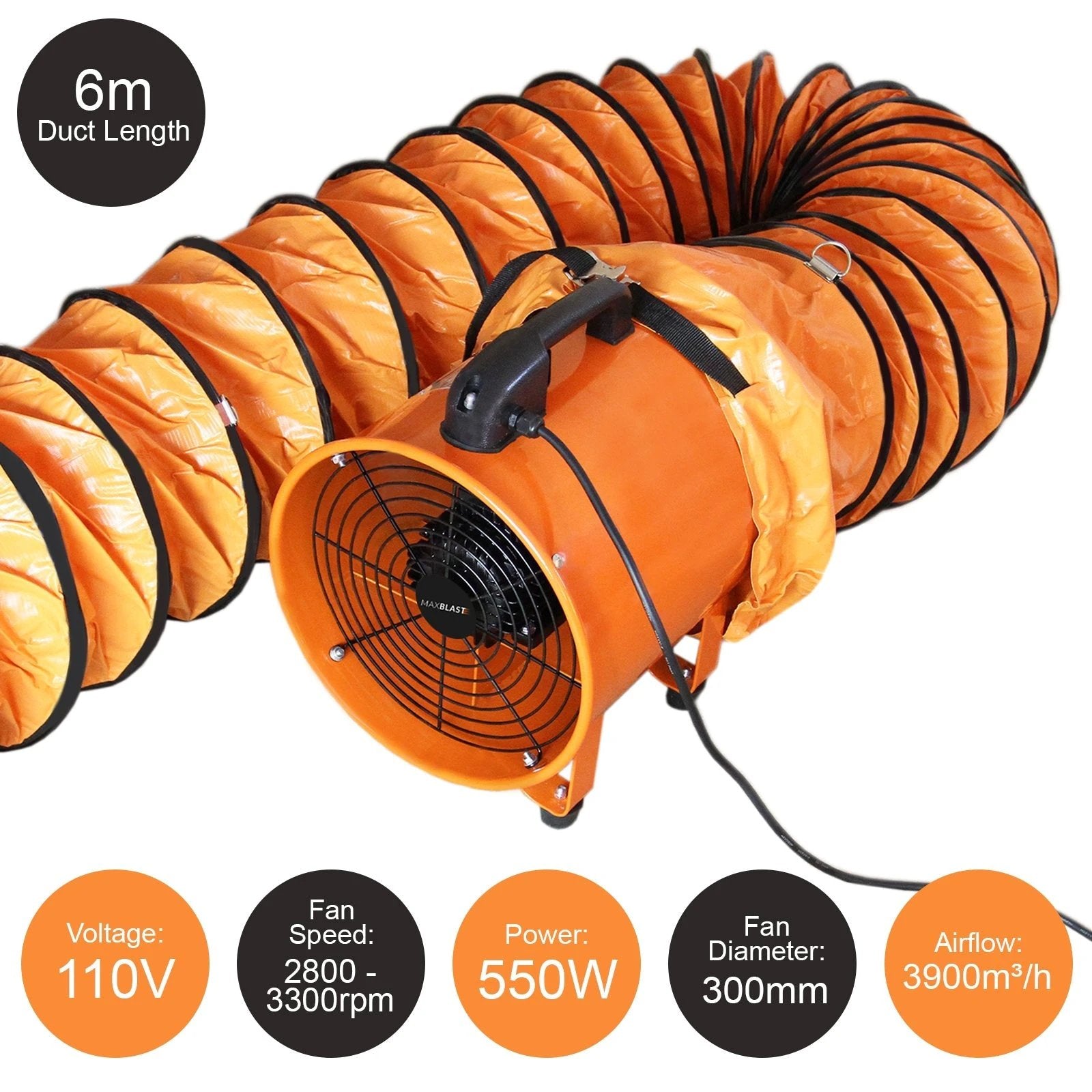 MAXBLAST Dust Extractor 300mm 550W 110V with 6m Duct by Monster Shop