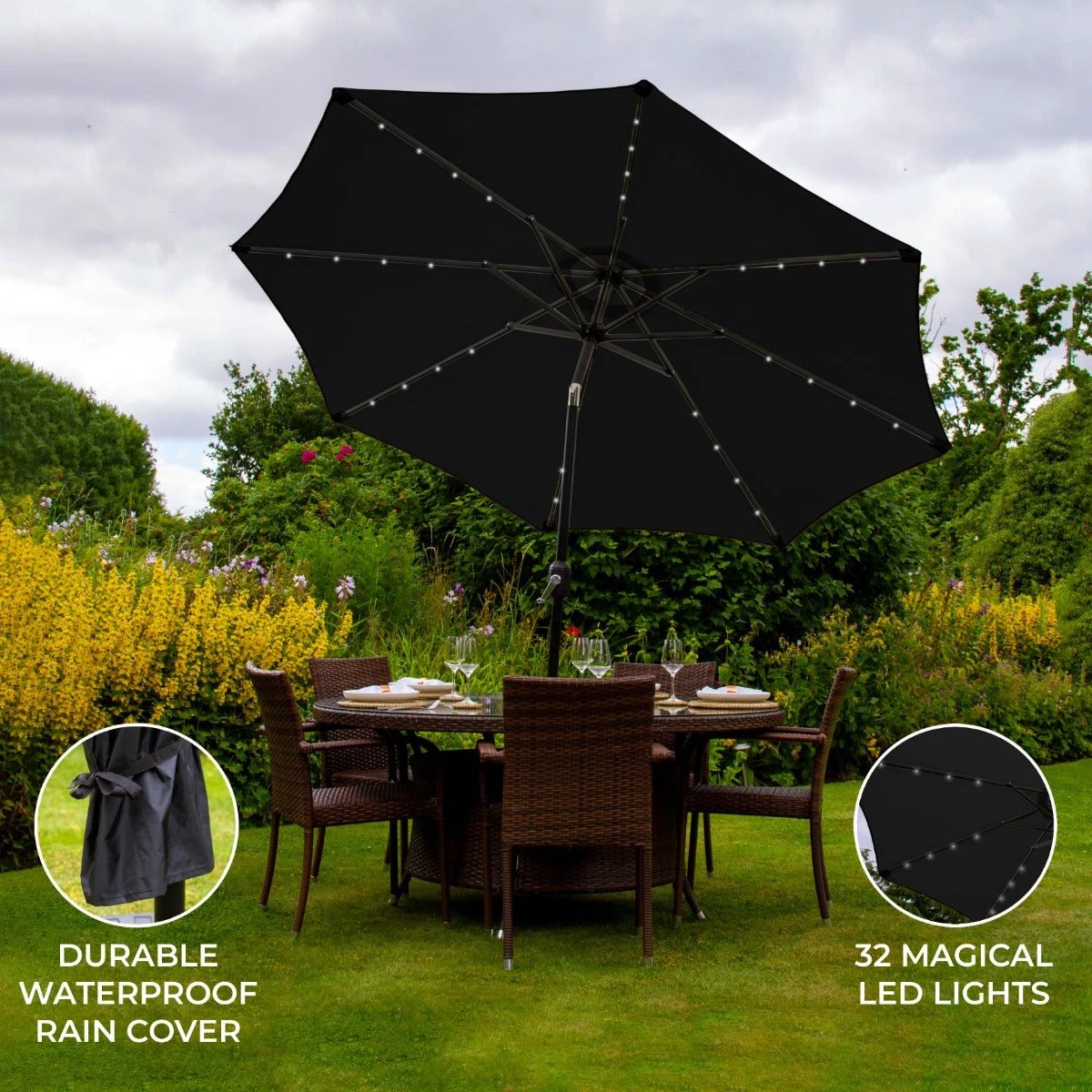 Monster Shop Black Parasol 2.7m LED Tilt Garden - Uncategorized Parasol
