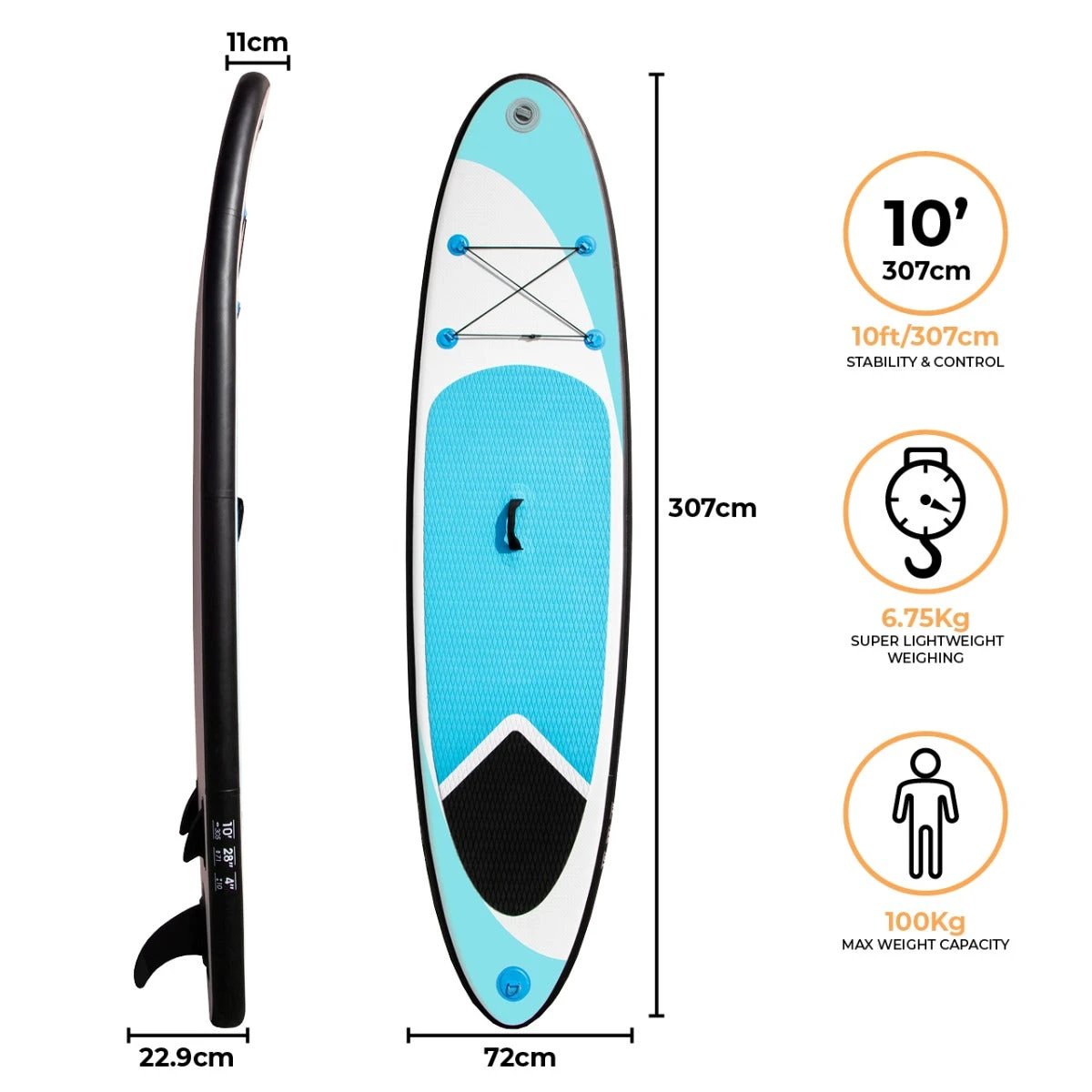 10ft Blue Inflatable Paddle Board by Monster Shop