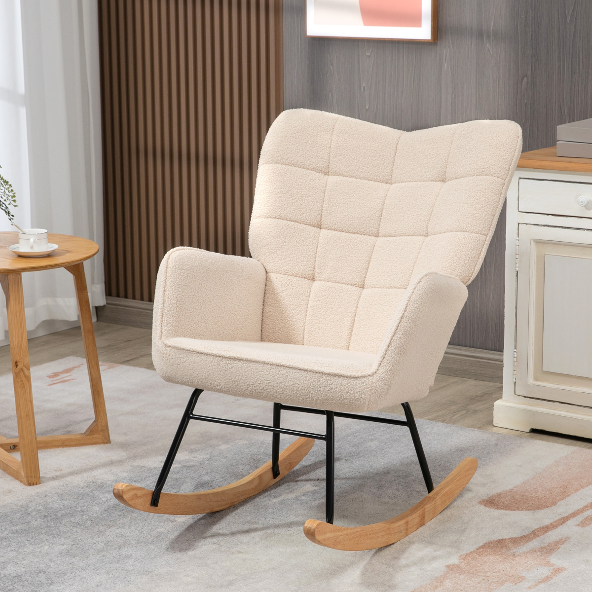 HOMCOM Wingback Rocking Chair for Nursing w/ Steel Frame and Wooden Base Beige - from HOMCOM