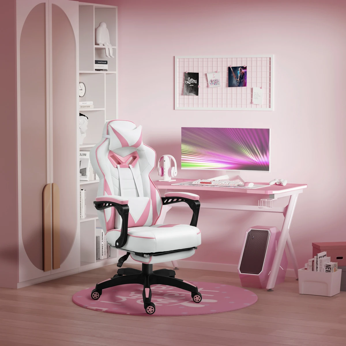 Gaming Chair Ergonomic Reclining w/ Manual Footrest Wheels Stylish Office Pink by Vinsetto