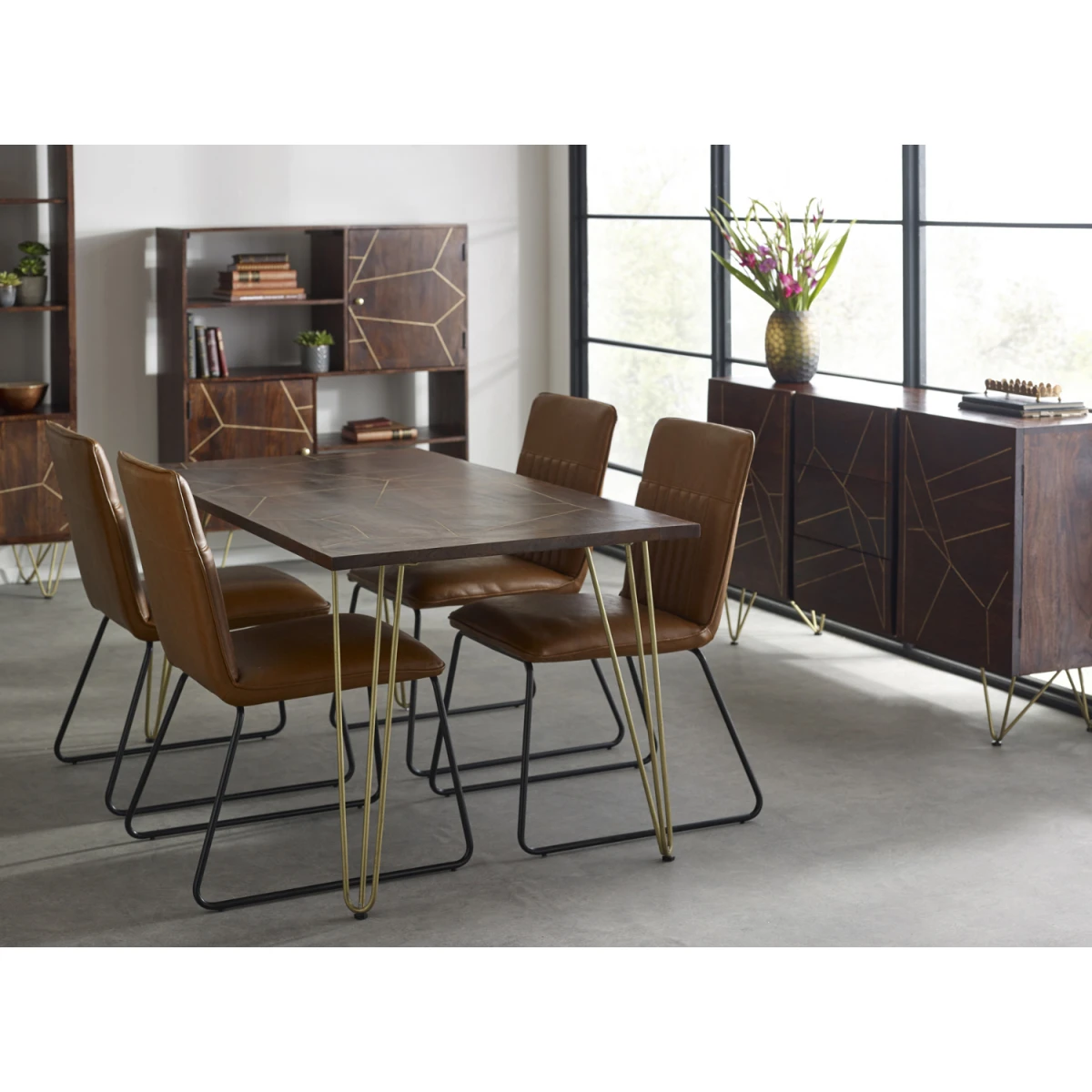 Dark Gold Dining Table Standard with Metal Inlay For Home by Indian Hub