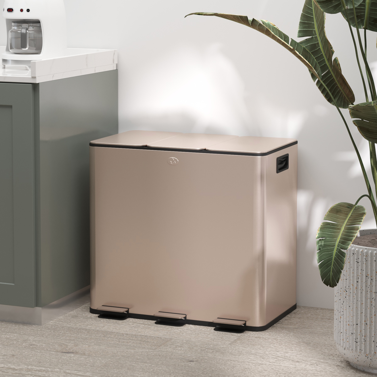 HOMCOM 3 x 15L Triple Kitchen Bin Pedal Bin for Recycling and Waste, Gold Tone - from PawHut