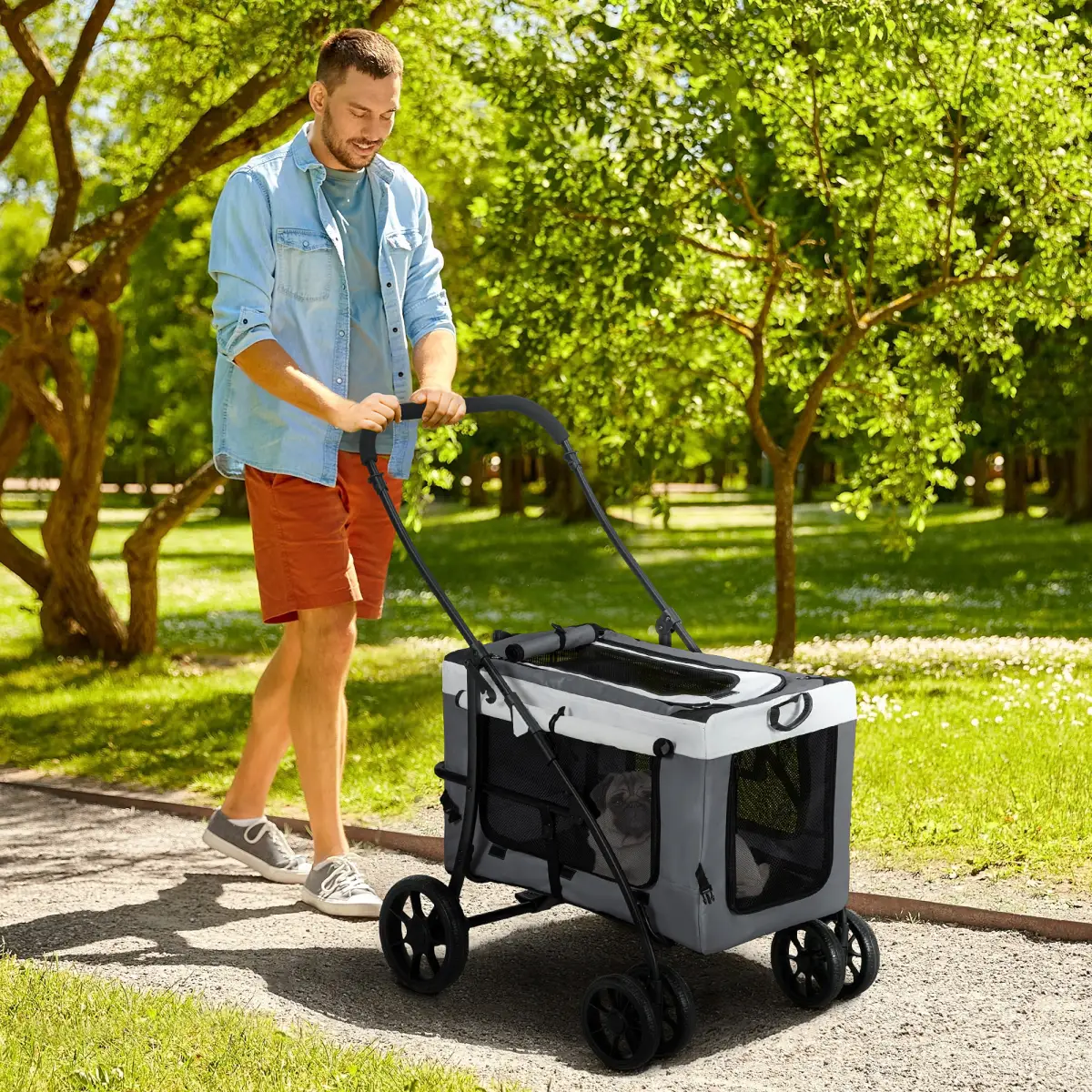PawHut PawHut Foldable Pet Stroller w/ Detachable Carrier, Soft Padding - Grey - Pet Carrier