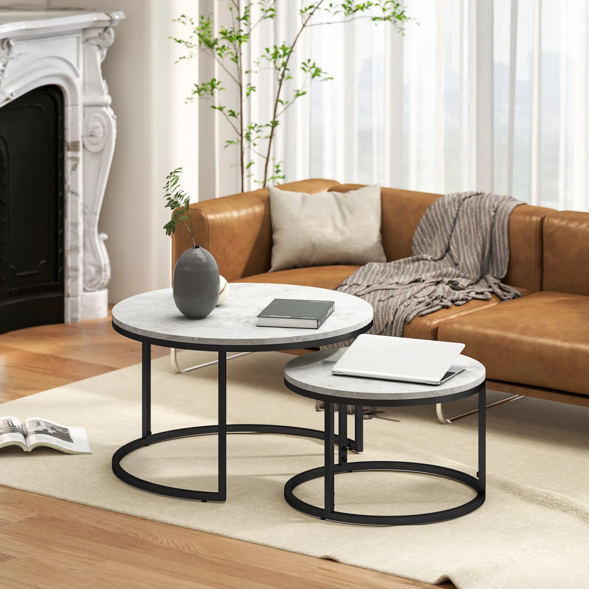 Sturdy Stacking Coffee Tables 2-Pc Marble-Top Home - Coffee Table
