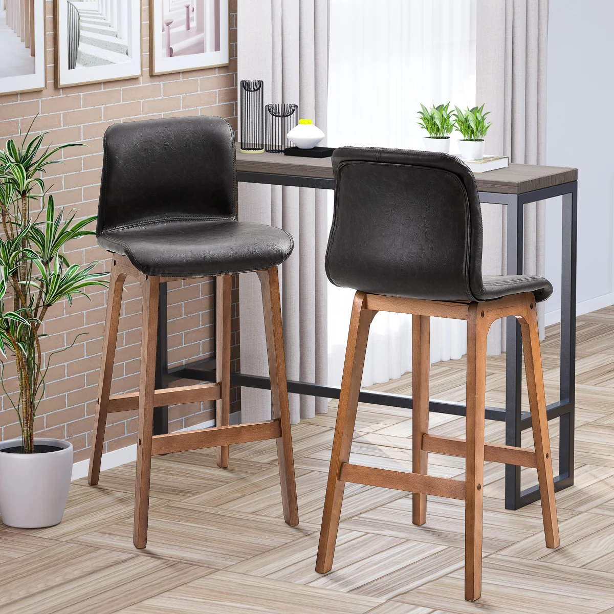 HOMCOM 2 Pcs 93cm Faux Leather Bar Stools Wooden Frame Footrest Padding High Back Brown -