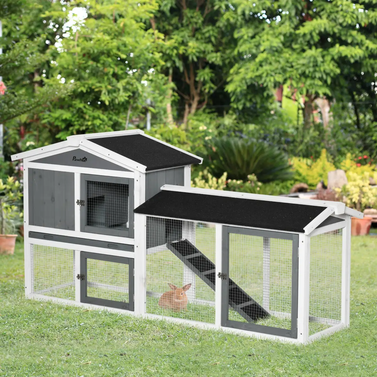 Pawhut Two-Tier Wooden Rabbit Hutch Small Animal House w/ Run Box, Slide-Out Tray, Ramp - Rabbit Hutch