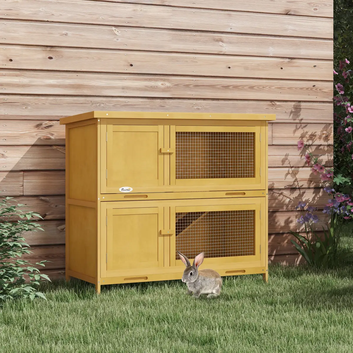 PawHut PawHut Double Decker Rabbit Hutch Bunny Cage Pet House Outdoor with Tray, Yellow - Rabbit Hutch