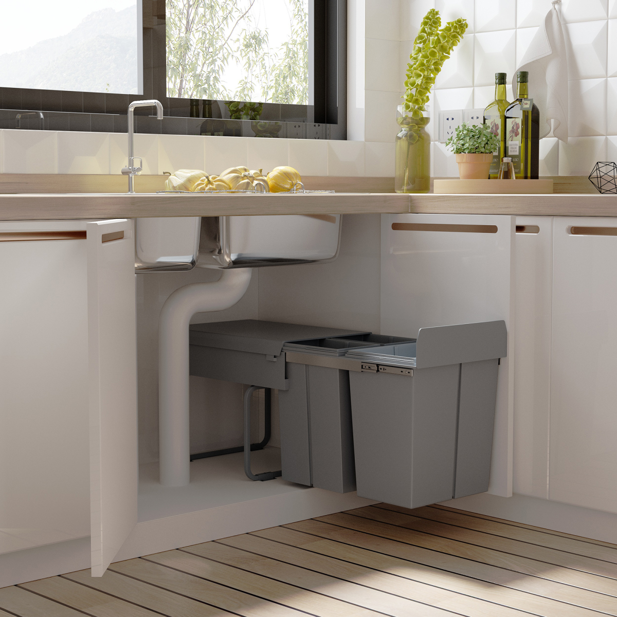 Recycle Waste Bin Pull Out Dustbin Recycling Cabinet 40L-Grey - from HOMCOM