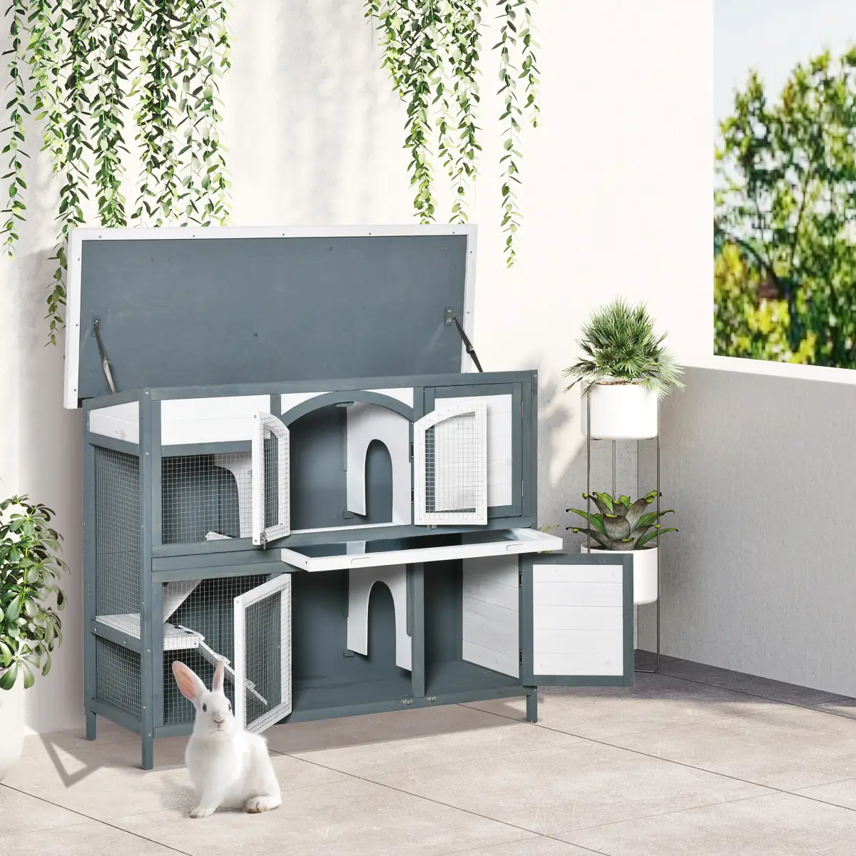 Pawhut Two-Tier Wooden Rabbit Hutch Bunny Run w/ Openable Roof, Slide-Out Tray, Ramp - Rabbit Hutch
