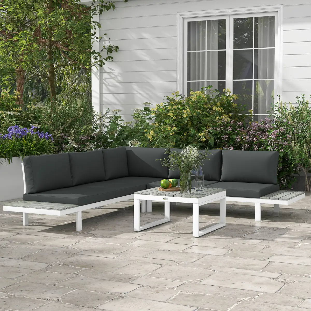 Outsunny Outsunny 4 PCs Garden Set w/ 5-Level Recline Corner Conversation Sofa Set White - Garden Sofa Sets
