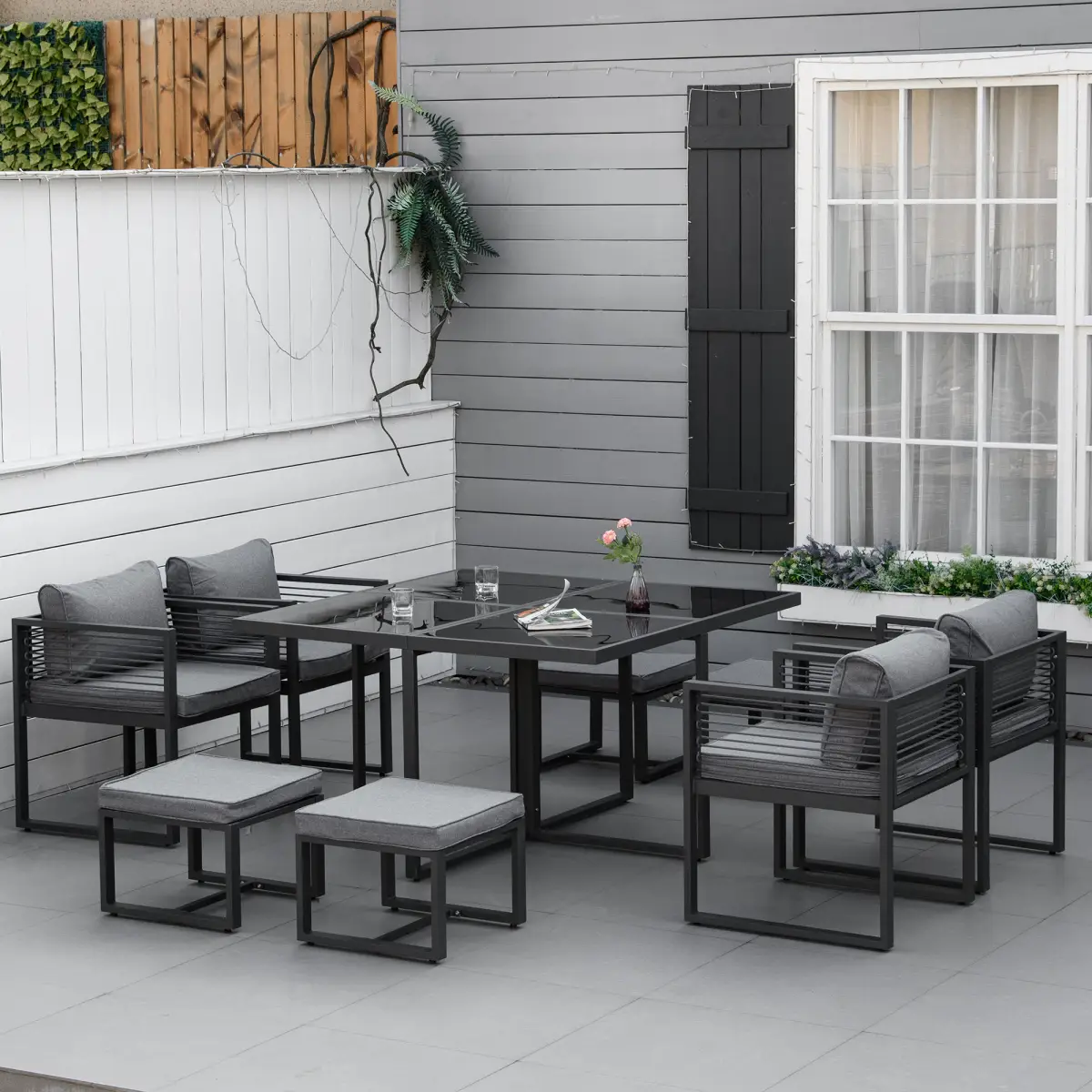 Outsunny 8 Seater Dining Cube Set Dining Table, 4 Chairs & 4 Footstools & Cushion, Grey - Garden Set