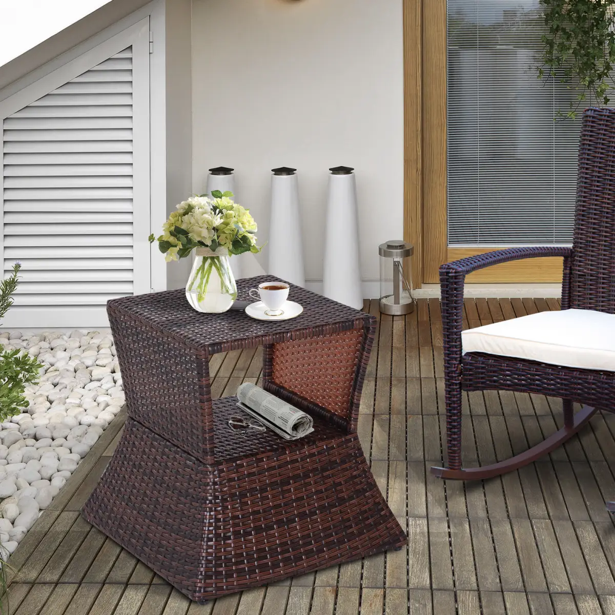 Outsunny Outsunny Rattan Wicker Tea Coffee Table w/ Umbrella Hole Storage Space Brown - Garden Table