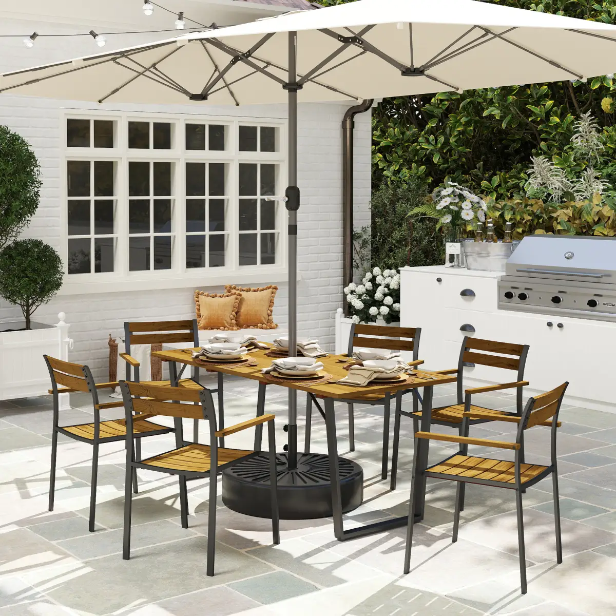 Outsunny Outsunny 7 Piece Garden Dining Set with Table and 6 Stackable Chairs, Brown - Garden Set