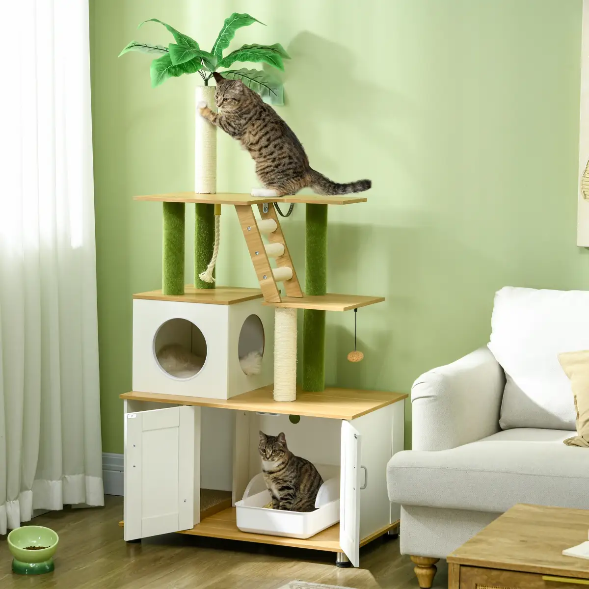 PawHut PawHut 2 in 1 Hidden Litter Box with Green Leaf Cat Tree, Indoor, Oak - Cat Tree