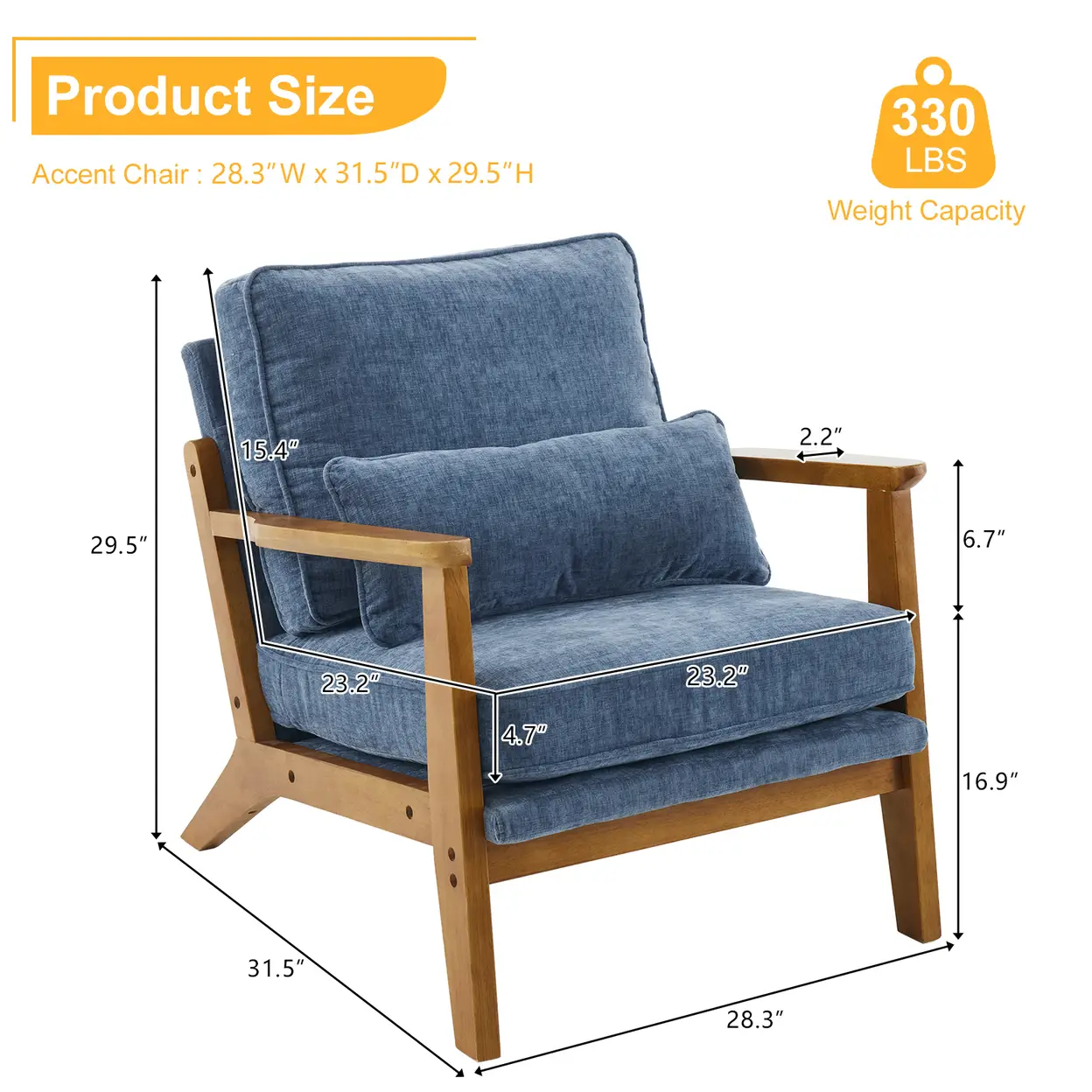 N/A Mid-Century Oak Accent Chair - Deep Navy Blue Chenille Upholstered Single Lounge Chair, Sturdy Wood Frame Indoor Armchair (330LBS Weight Capacity) - Accent Chair