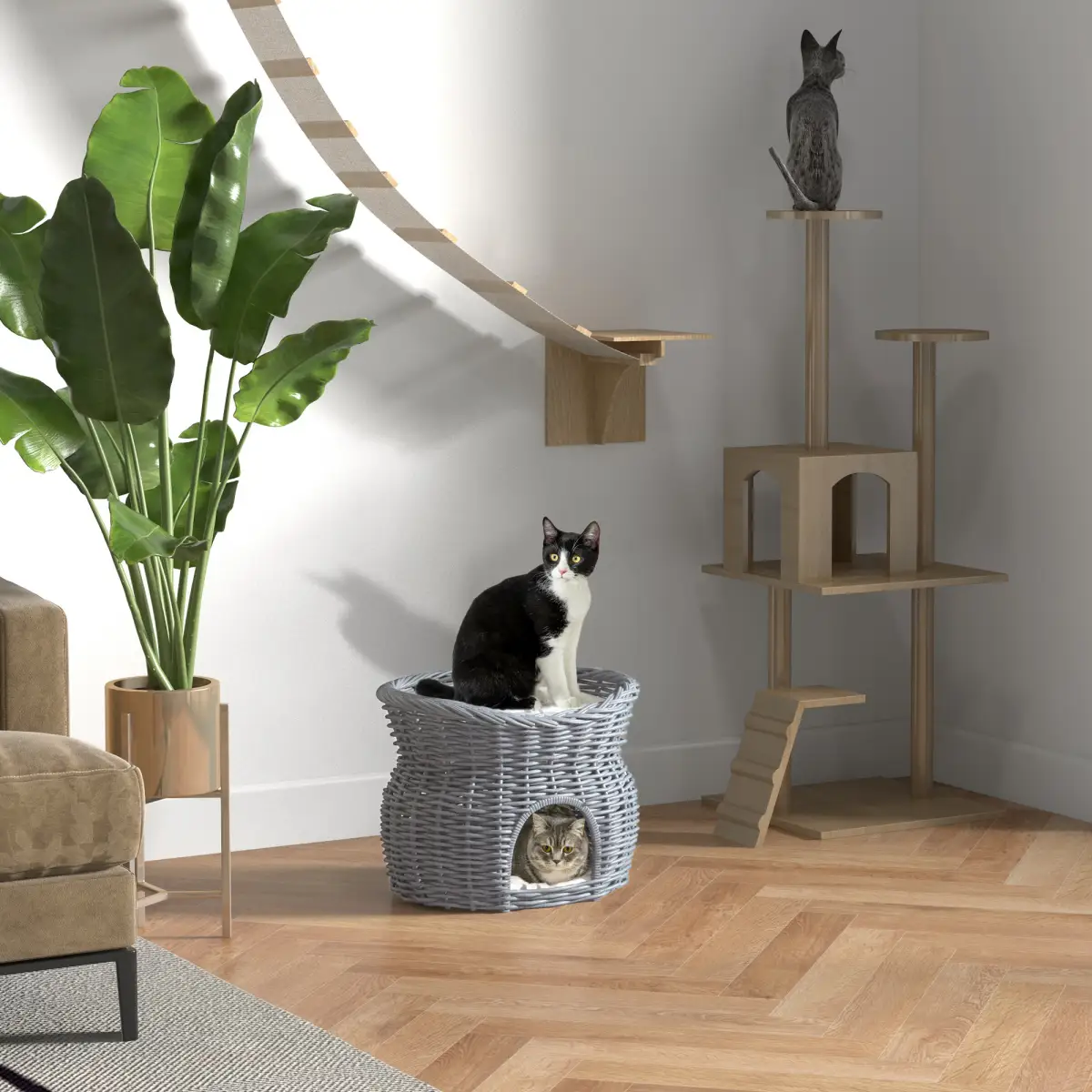 PawHut PawHut 2-Tier Elevated Pet Cushion Bed Basket Willow Cat Tree House Condo Kennel - Cat House