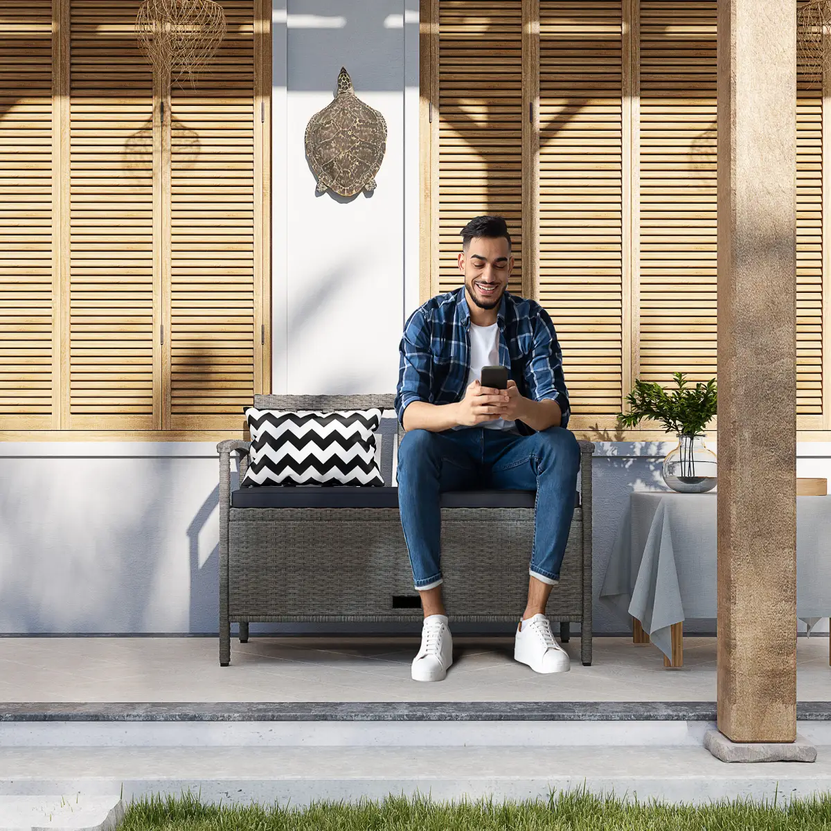 Outsunny Outsunny 160L Rattan Garden Storage Bench, Cushioned Outdoor Bench, Grey - Garden Chairs