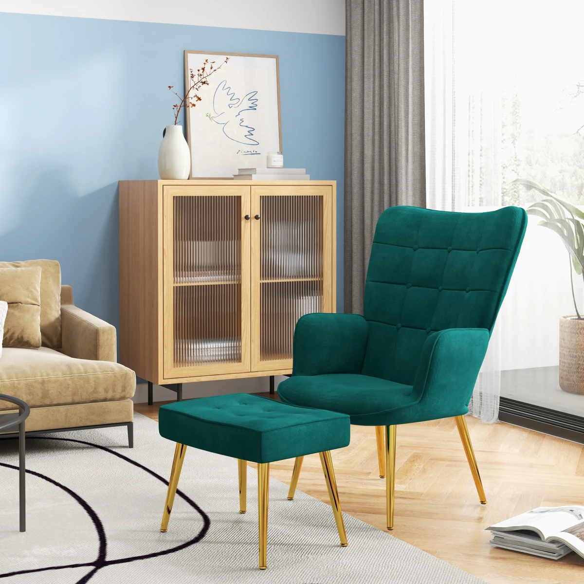 HOMCOM HOMCOM Armchair Tufted Footstool Gold Legs Small - Armchair