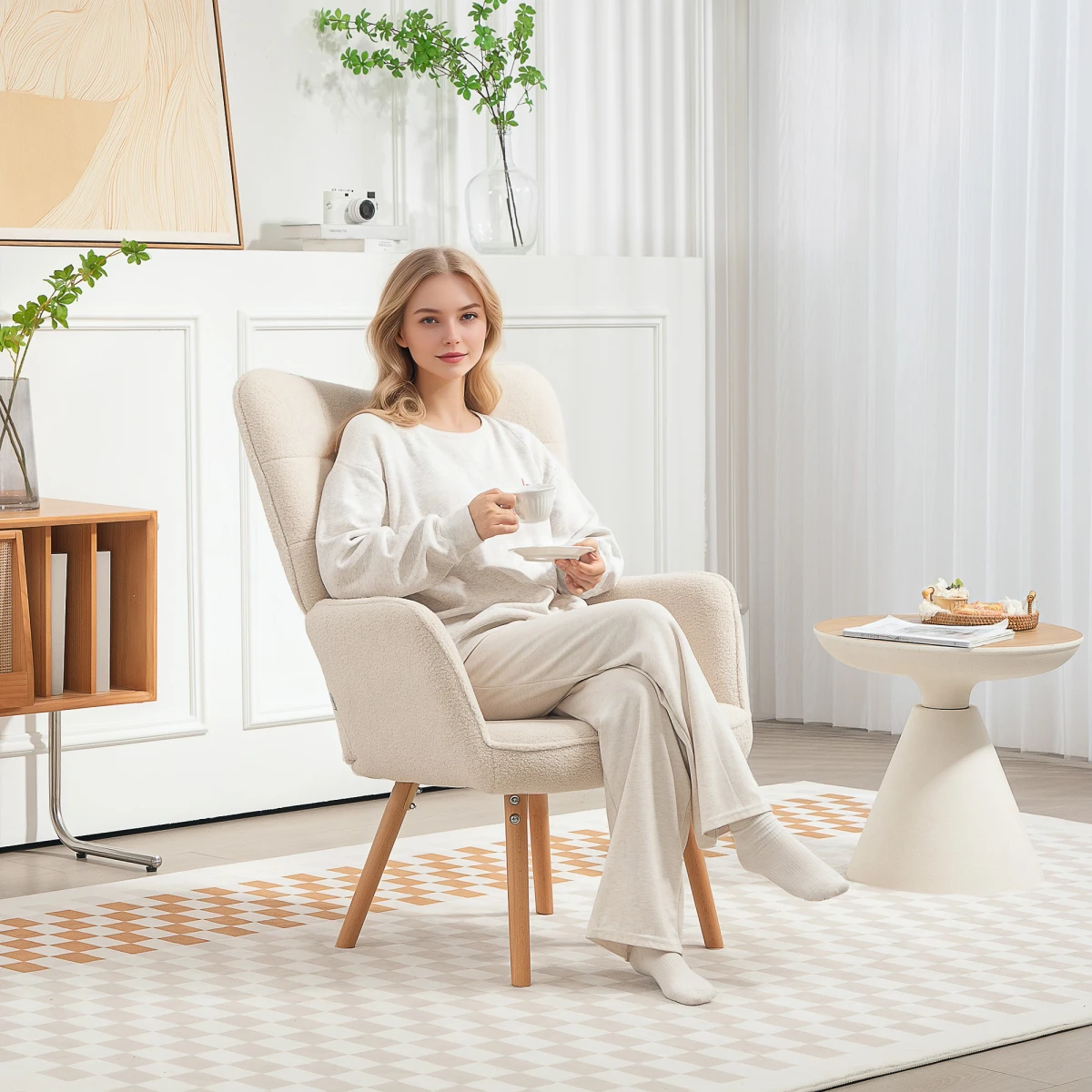 HOMCOM Tufted Wingback Armchair Medium Fleece Seat LivingRm - Armchair