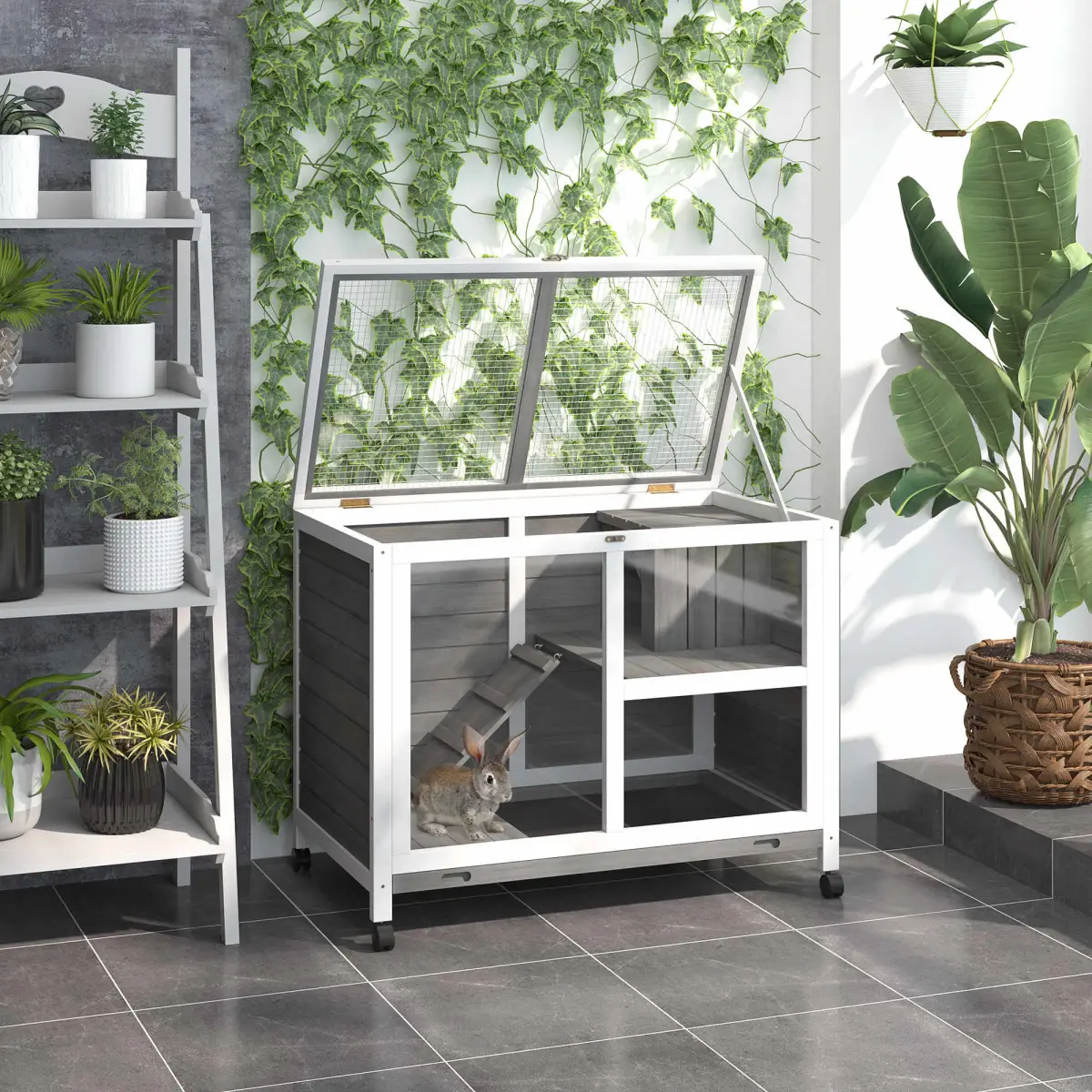 Unbranded Wood Rabbit Hutch Bunny Cage Pet House Indoor W/ Tray Ramp, Grey Pawhut - Rabbit Hutch