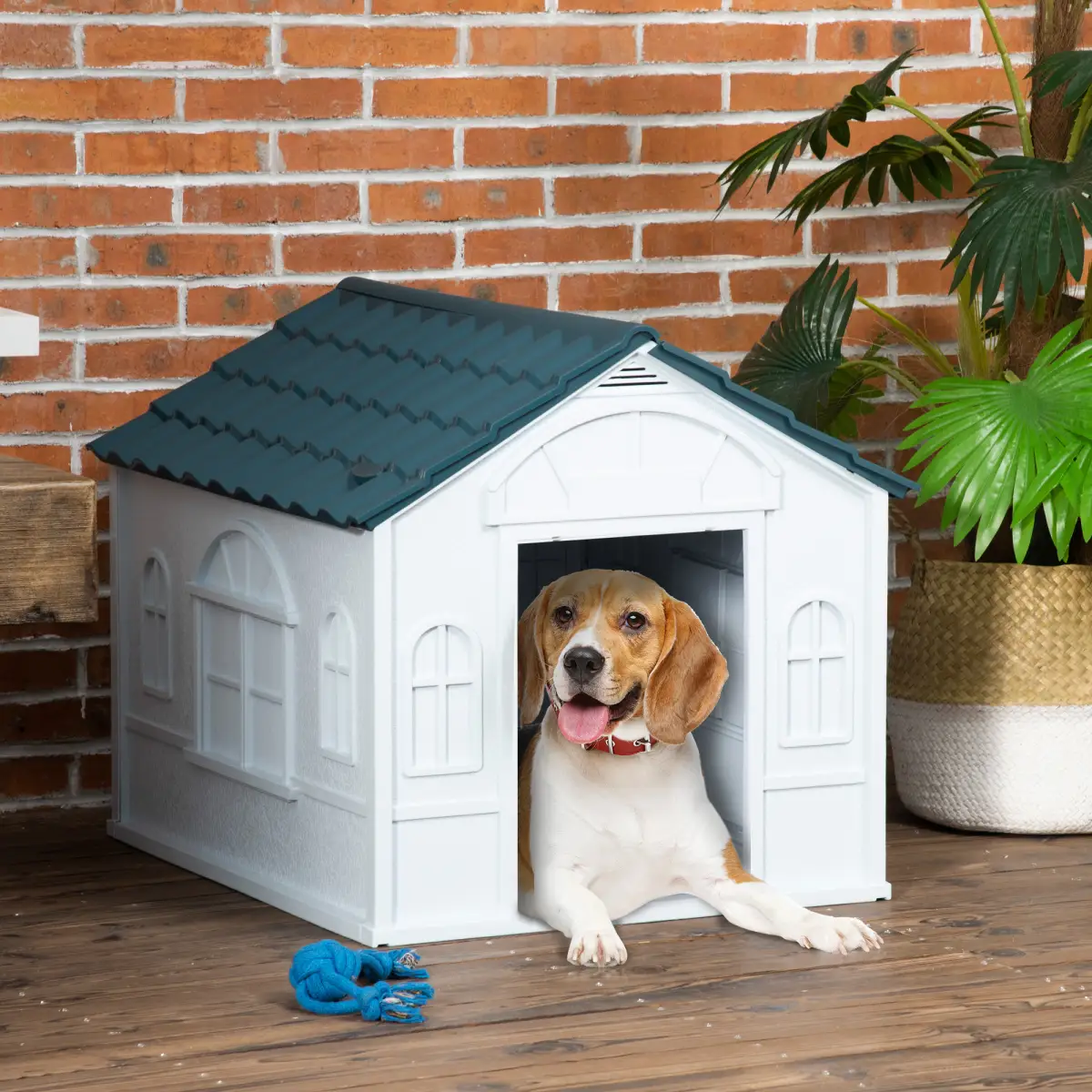 PawHut PawHut Weather-Resistant Dog House, Puppy Shelter for Medium Dogs - Blue - Dog Kennel