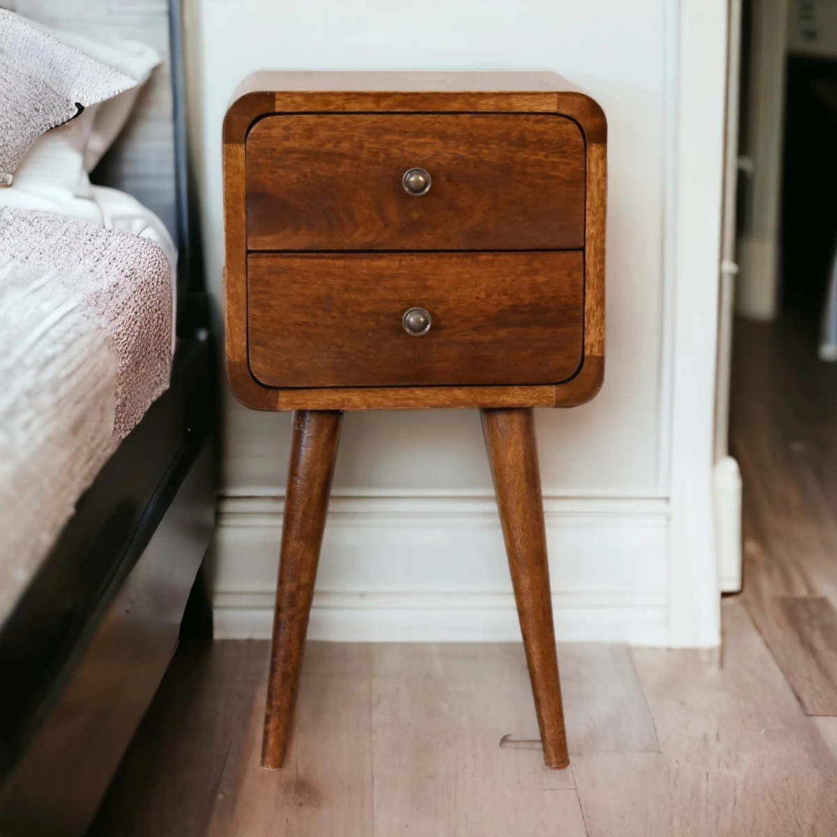 Artisan Furniture Artisan Solid Mango Wood Mini Chestnut Bedside Table With Curved Edges For Small Spaces - Bedside Table