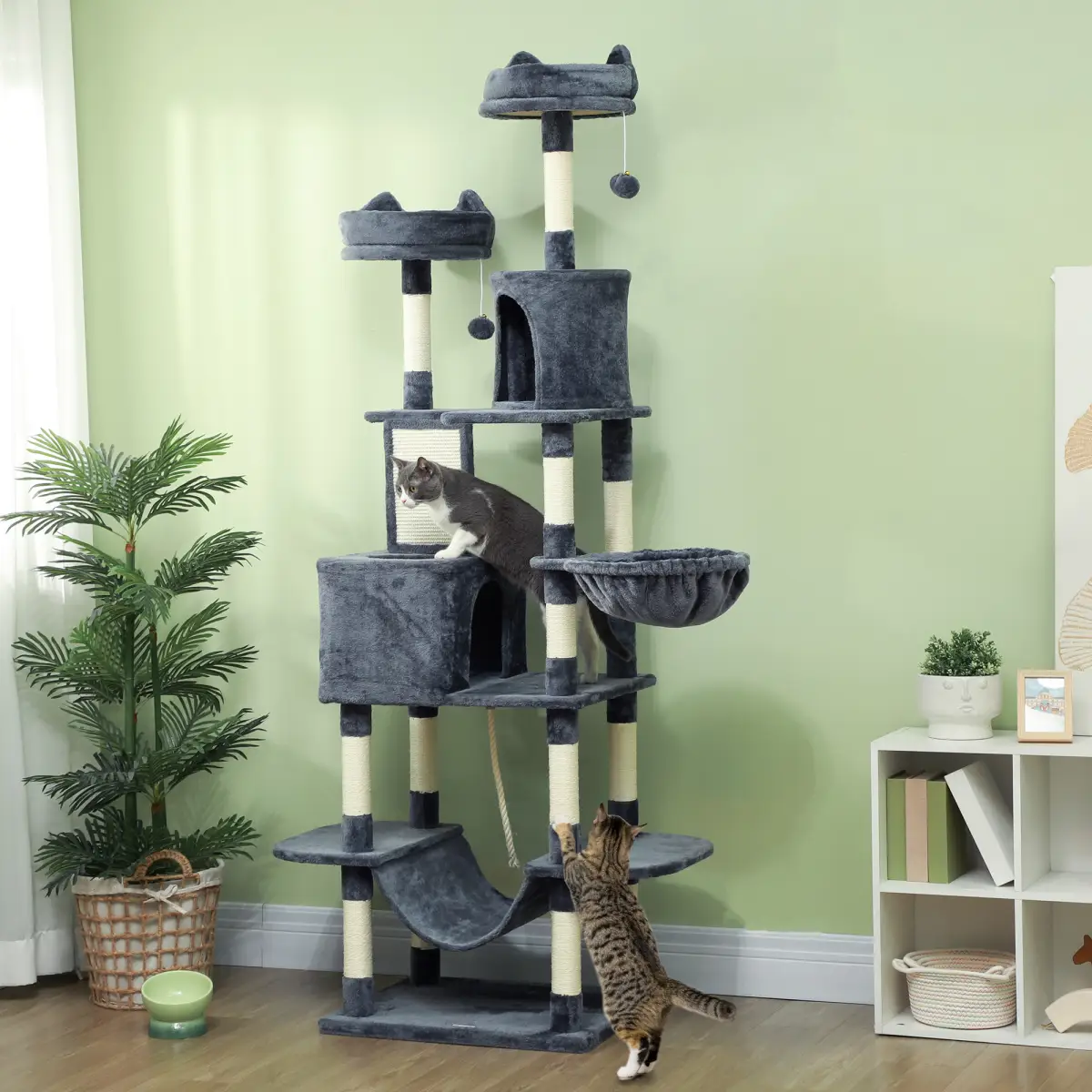 PawHut PawHut 206cm Cat Tree with Scratching Posts, Beds, Condos, Toys, Dark Grey - Cat Tree