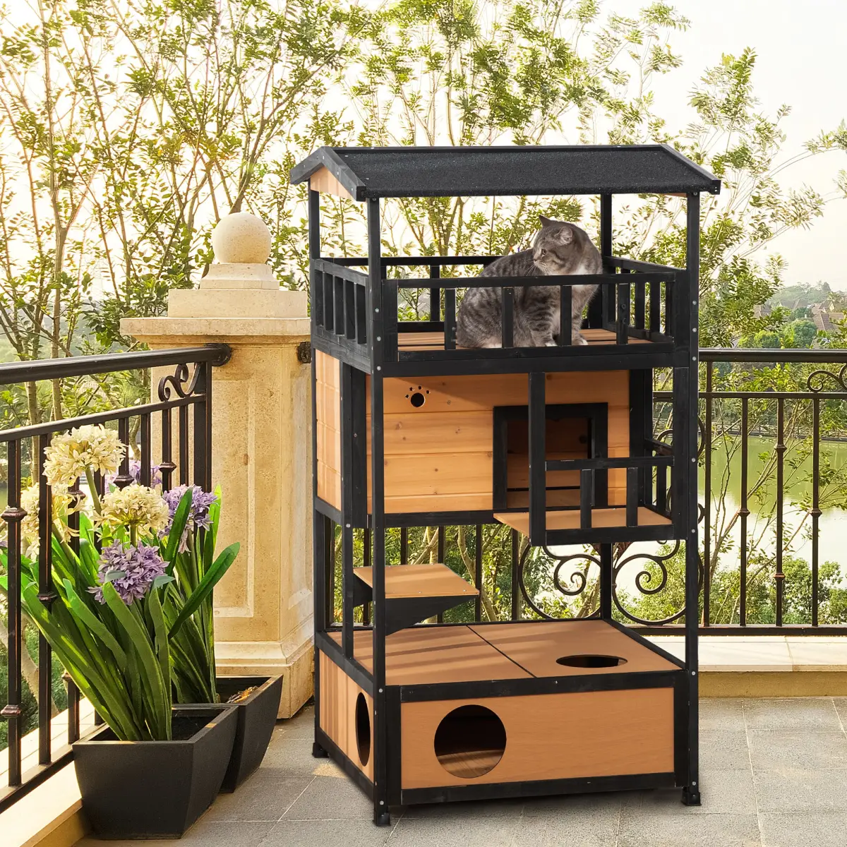 PawHut Wooden Outdoor Cat House 3-Tier Kitten Shelter w/ Tilted Roof Yellow - Cat House