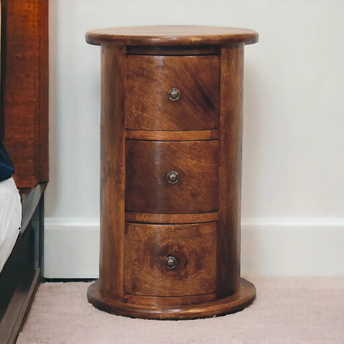 Artisan Furniture Drum Chest Mini Round Three Drawer Solid Mango Wood Chestnut Finish For Small Item Storage by Artisan Furniture