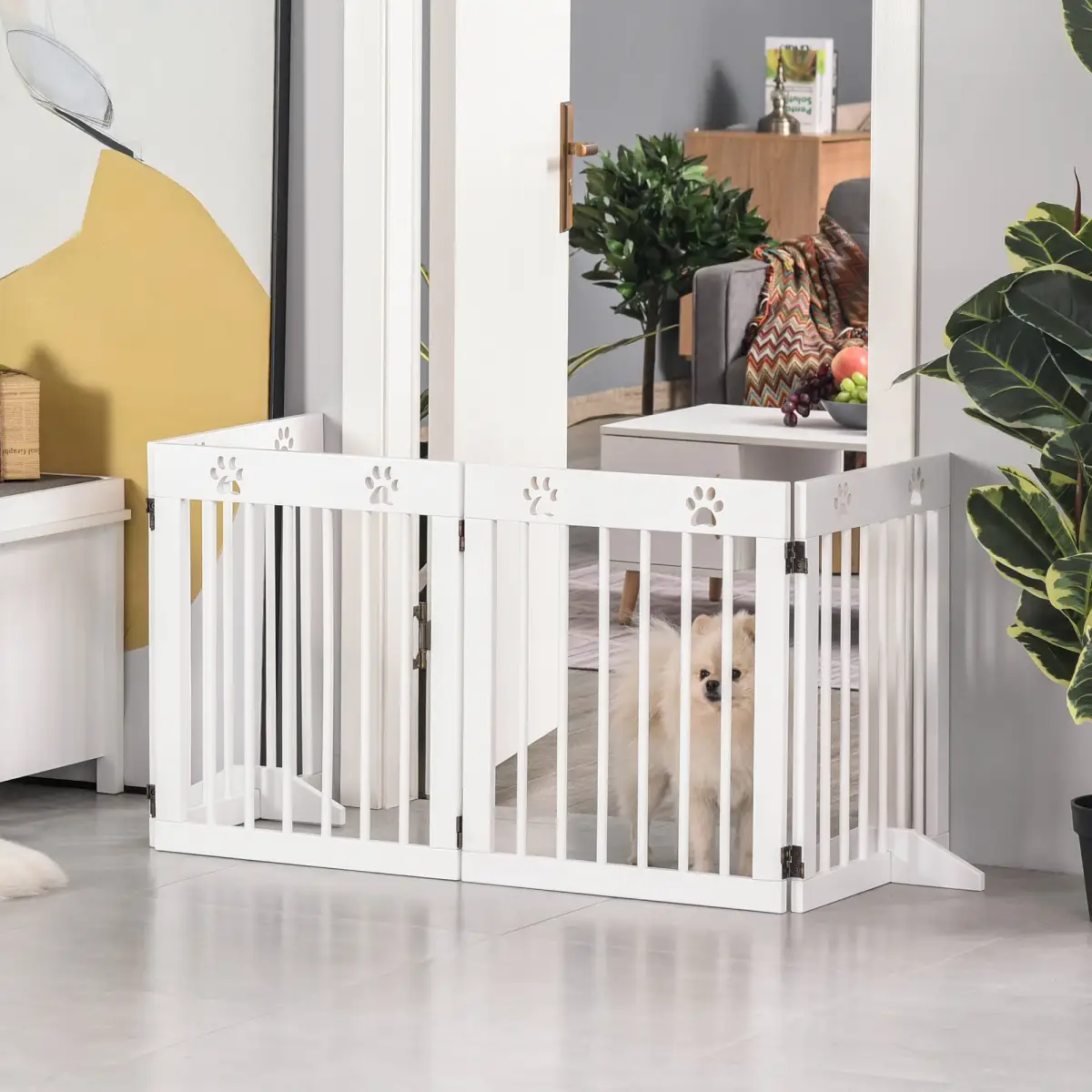 Pawhut Freestanding Pet Gate 4 Panel Folding Wooden Dog Barrier w/ Support Feet - Pet Gate