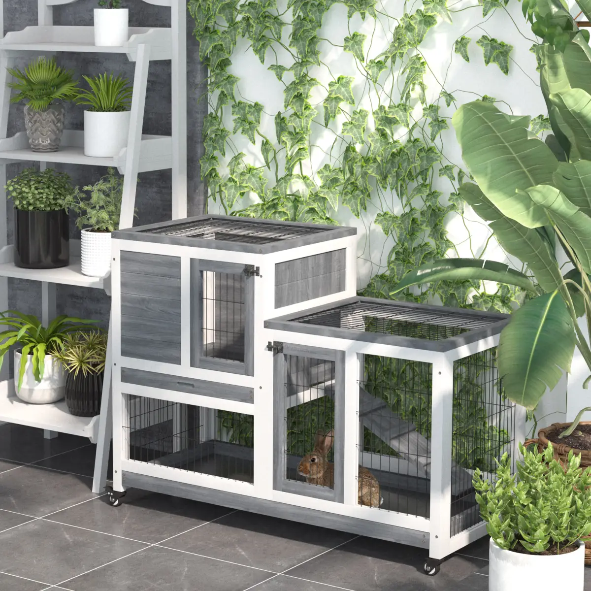 Pawhut Wooden Rabbit Hutch Bunny Guinea Pigs House Cage Wheels Indoor 110 x 50 x 86cm - Rabbit Hutch