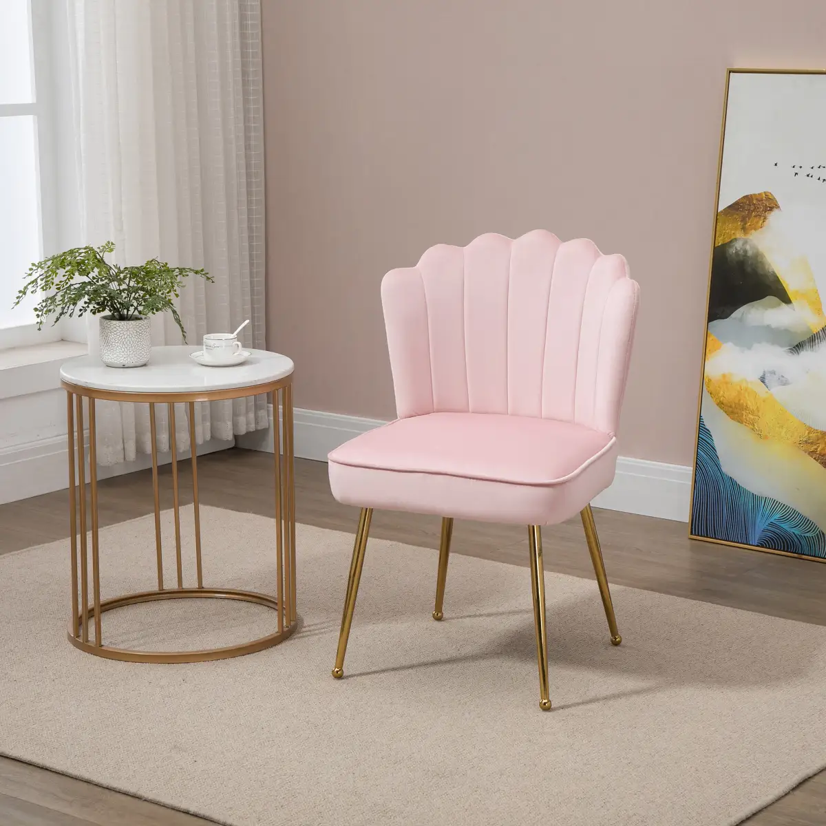 HOMCOM Velvet-Feel Shell Luxe Accent Chair Home Bedroom Lounge with Metal Legs Pink - Accent Chair