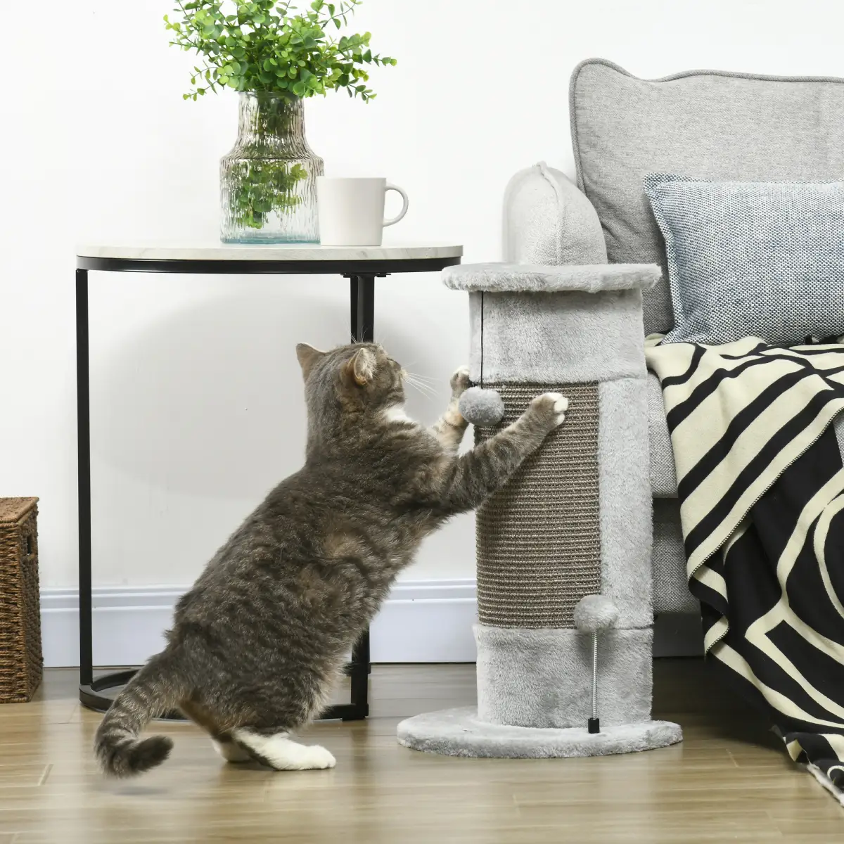 PawHut 58cm Corner Cat Scratching Post for Wall w/ Covered Plush, Sisal Rope, Toy Balls - Cat Tree
