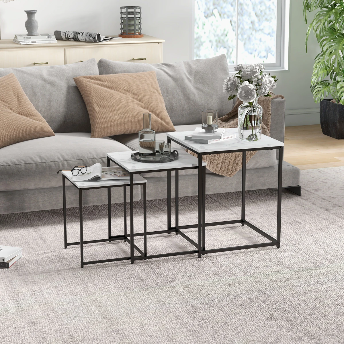 HOMCOM Nesting Coffee Tables Three Piece White Marble Top With Steel Frames Adjustable Feet Living Room by HOMCOM