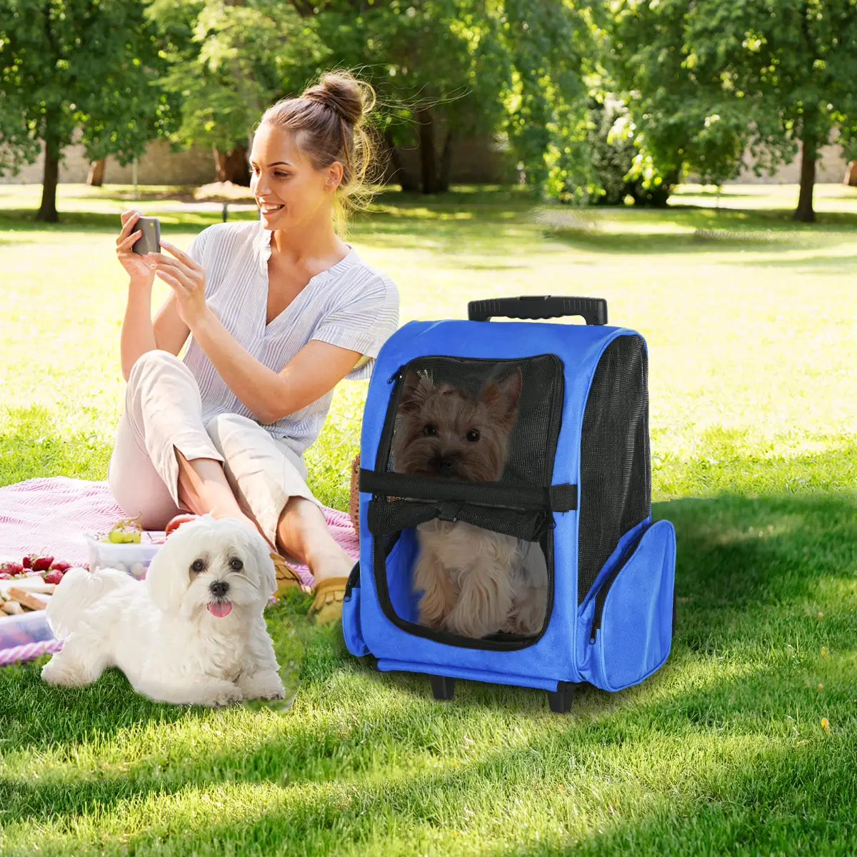 Pawhut Pet Travel Backpack Bag Cat Puppy Dog Carrier w/ Trolley and Telescopic Wheel - Pet Carrier